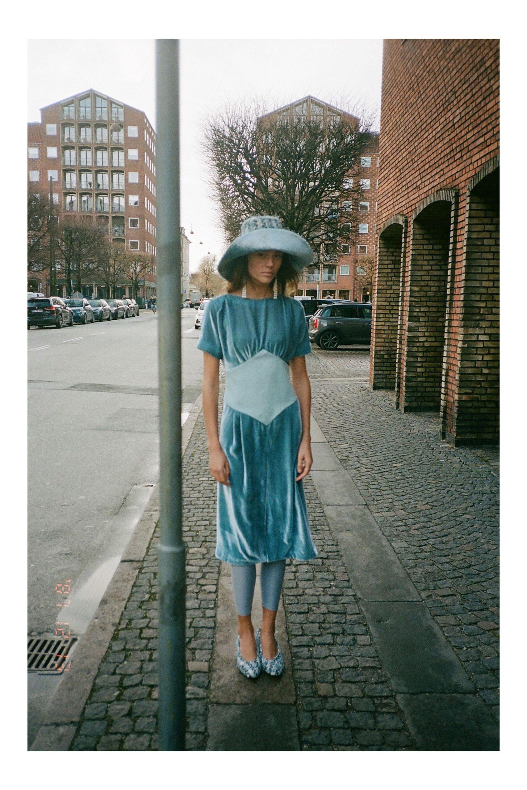 blue velvet midi dress with leggings