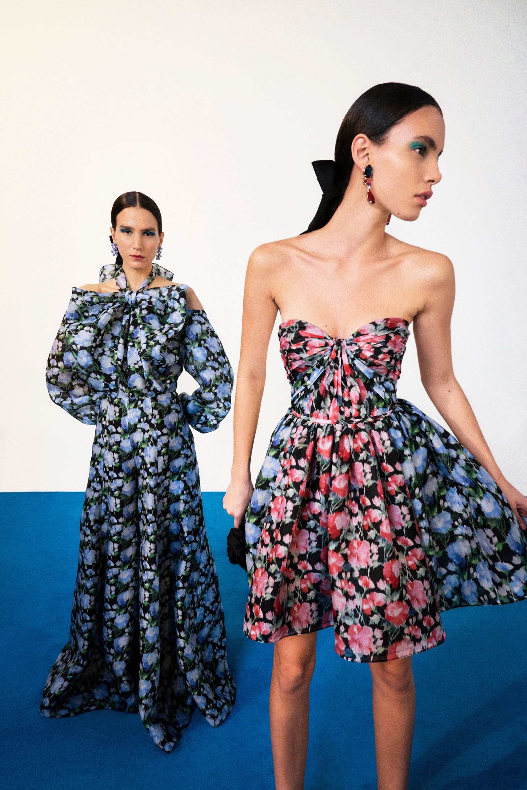 black silk long-sleeve off-shoulder relaxed floral tiered dress