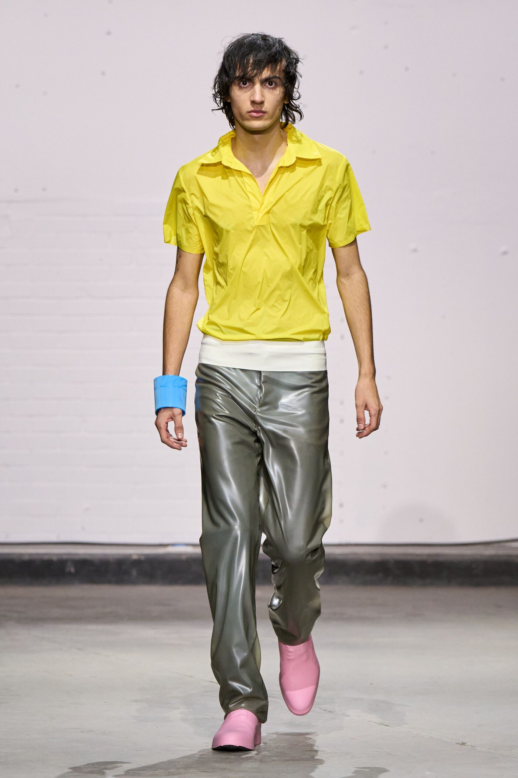 gray vinyl fitted straight-leg pants