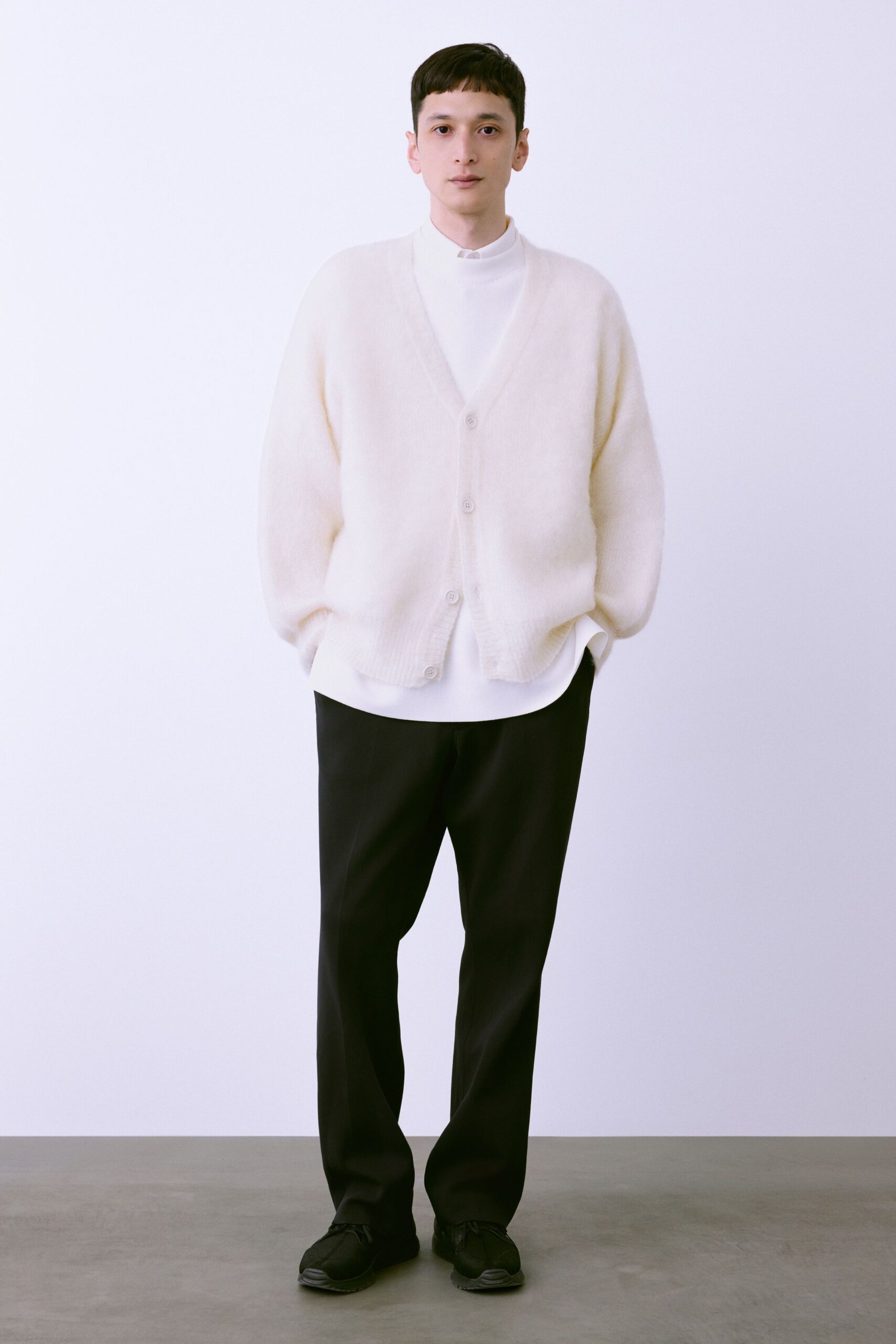 white wool long-sleeve collared relaxed cardigan