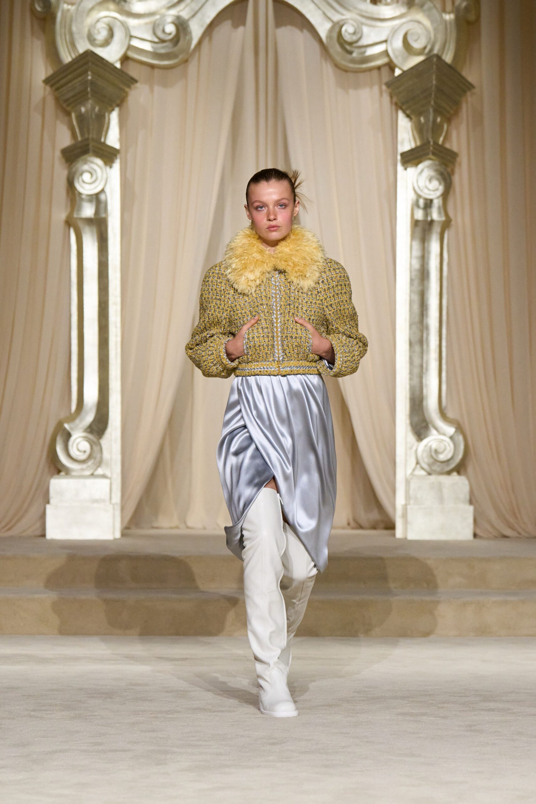 gray satin asymmetric relaxed draped skirt