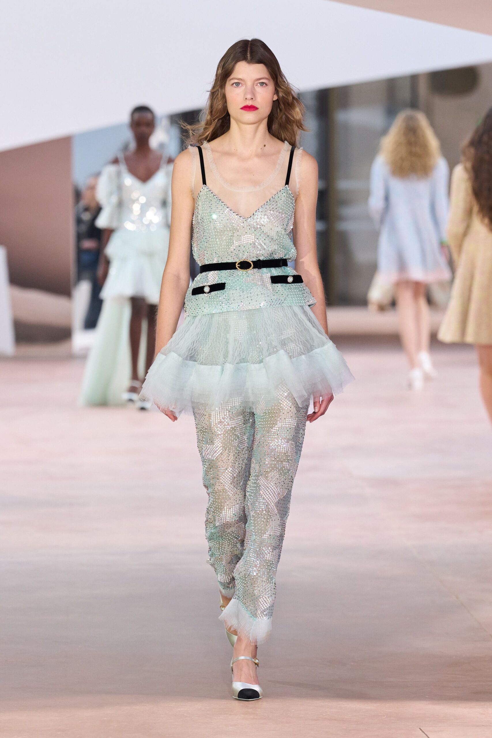 teal sequin fitted straight-leg shiny pants