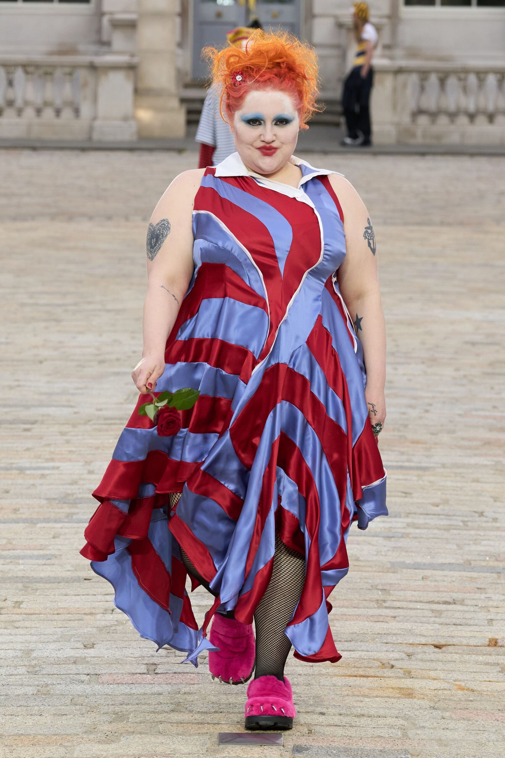 red silk sleeveless collared fitted draped color-blocked dress