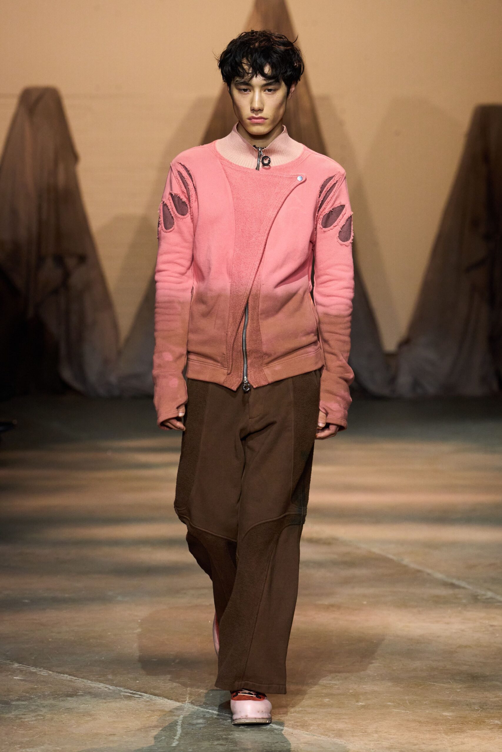 pink cotton long-sleeve cutout relaxed zippered layered jacket