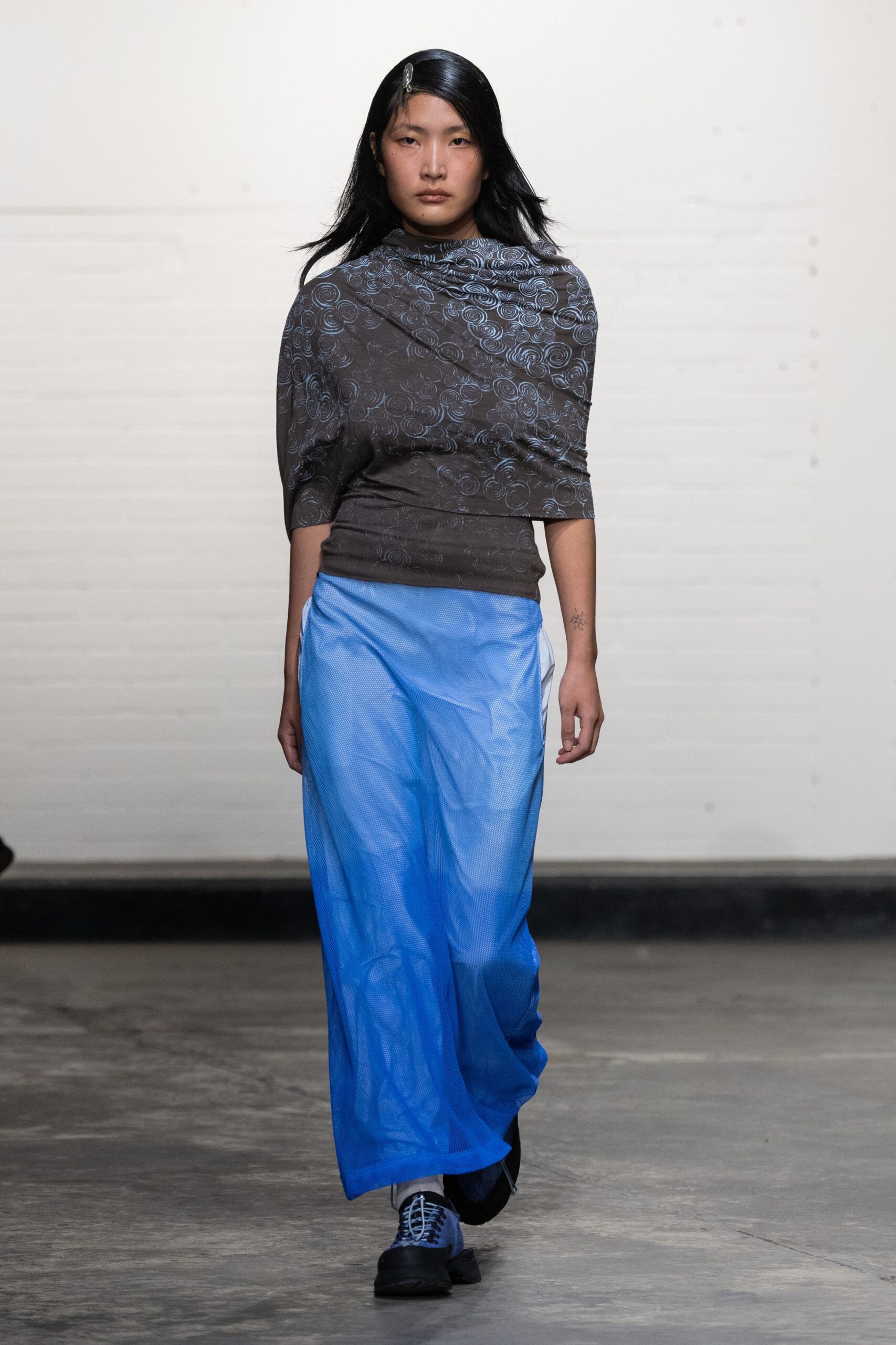 blue silk relaxed high-waisted layered flowing maxi skirt