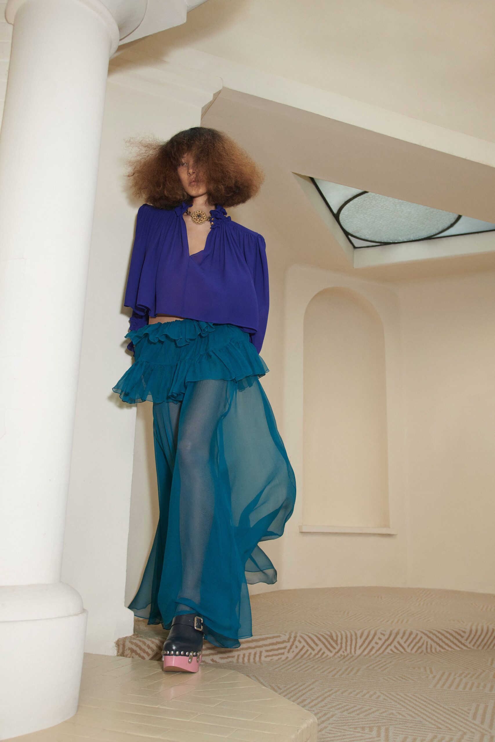 blue chiffon relaxed ruffled layered sheer flowing skirt