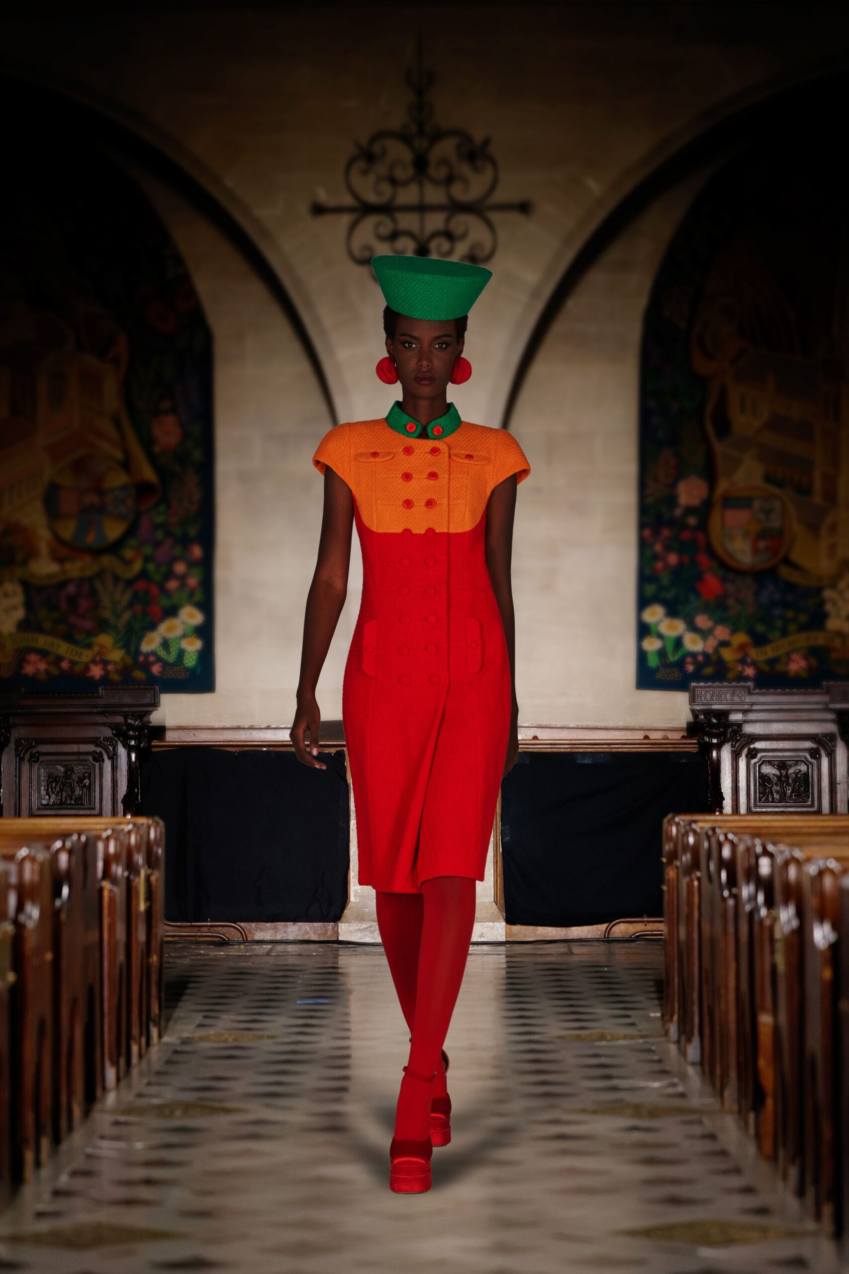 red short-sleeve collared fitted buttoned midi dress