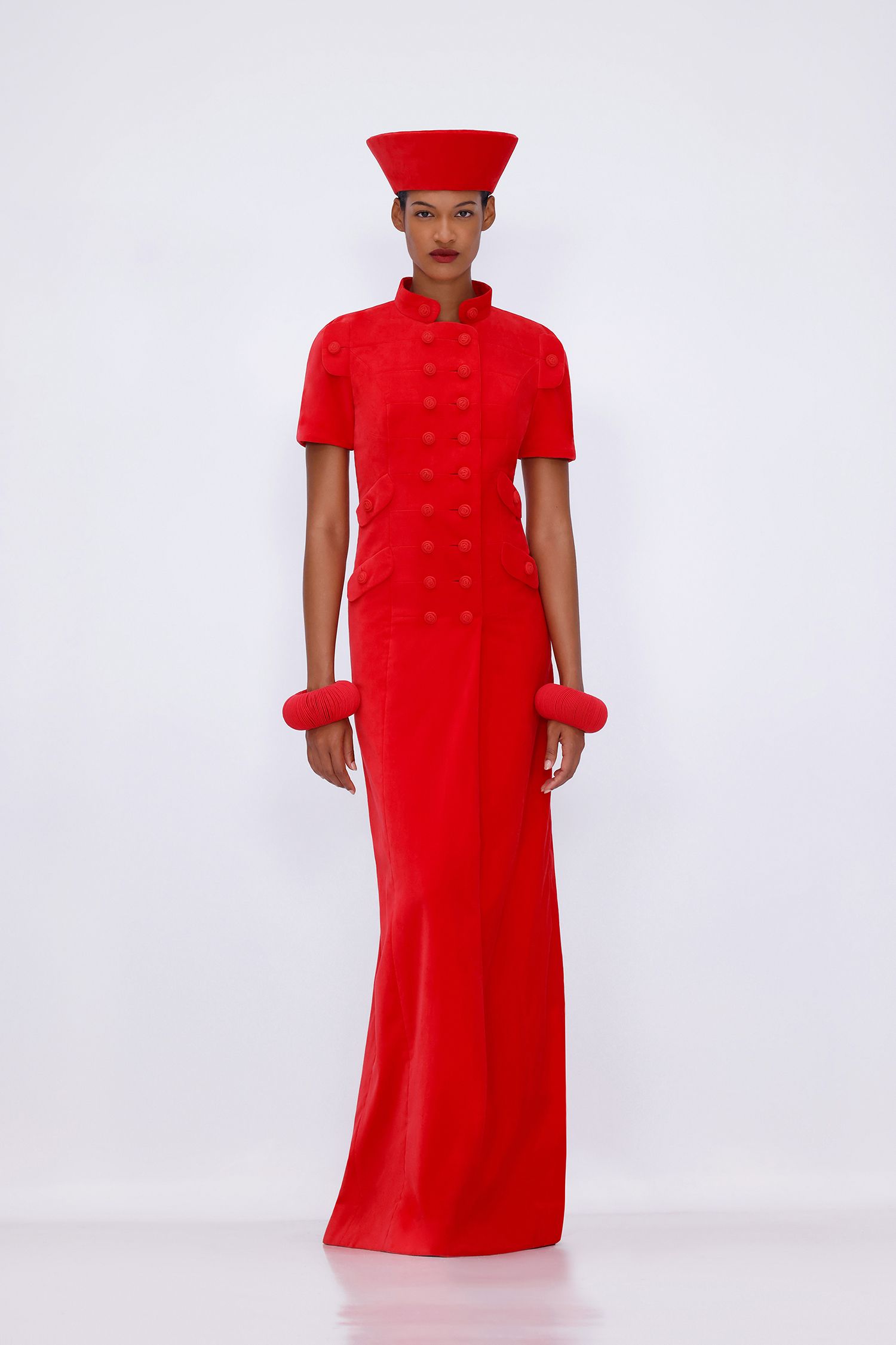red silk short-sleeve collared fitted buttoned straight-leg gown