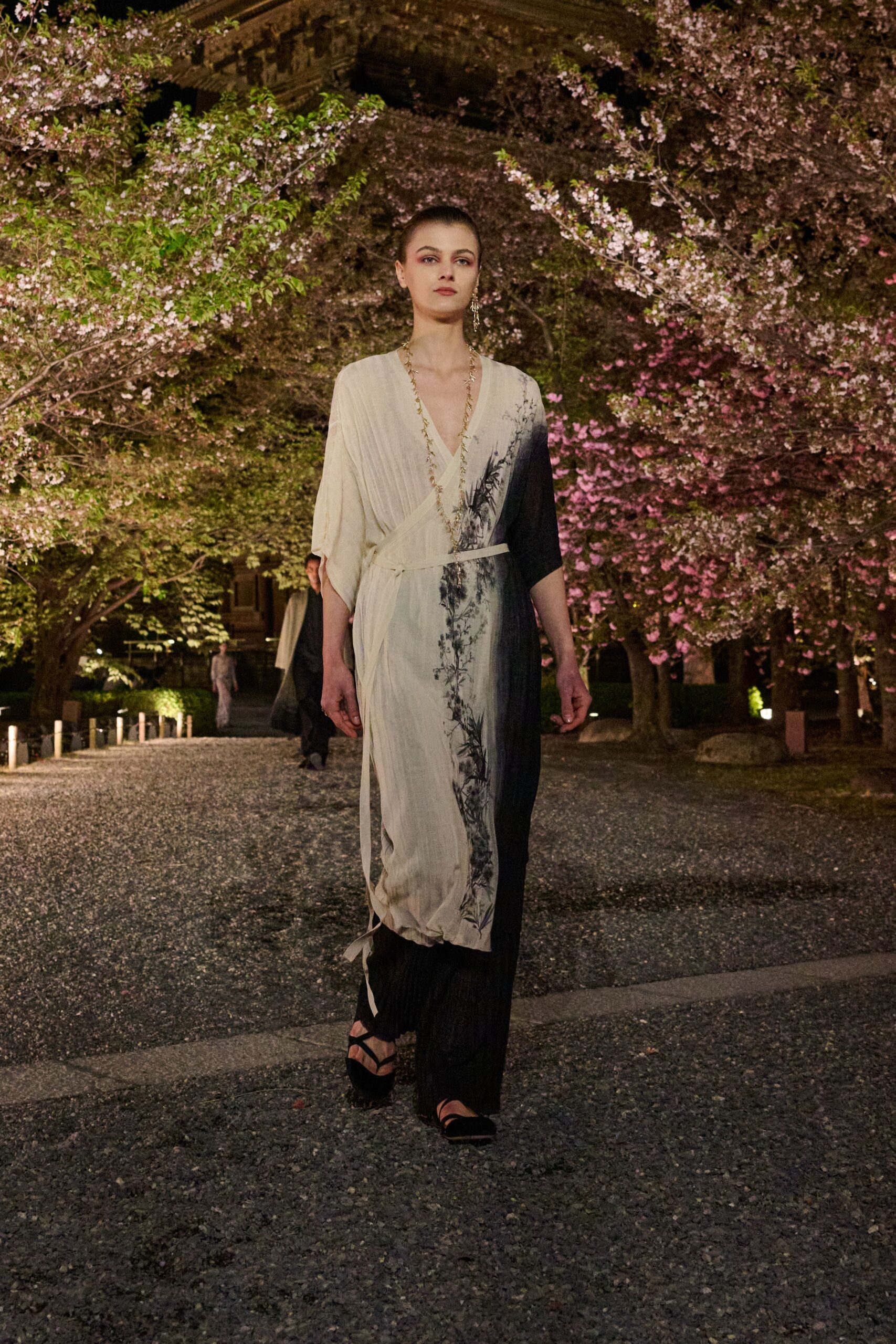 black silk long-sleeve v-neck relaxed draped tiered dress