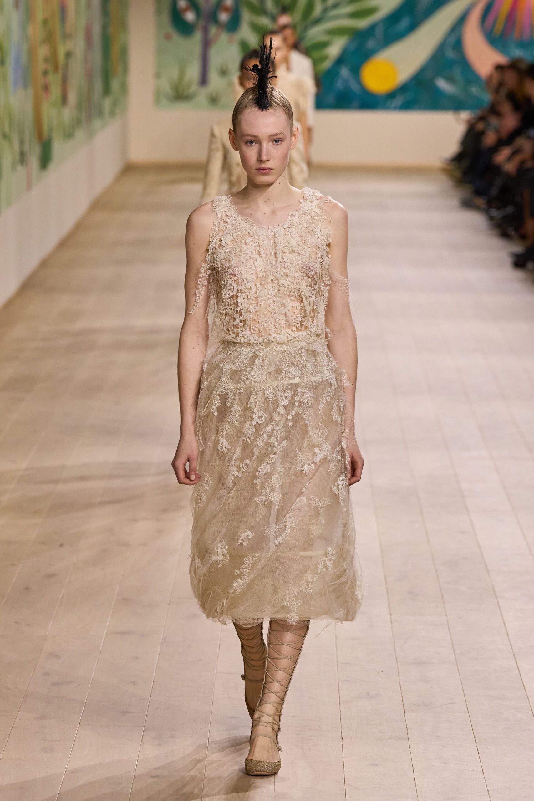 beige lace sleeveless v-neck fitted layered embroidered dress