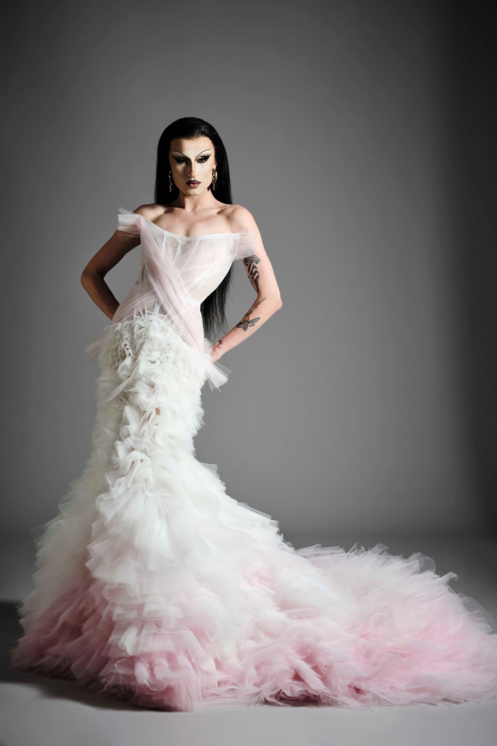 white and pink ruffled gown
