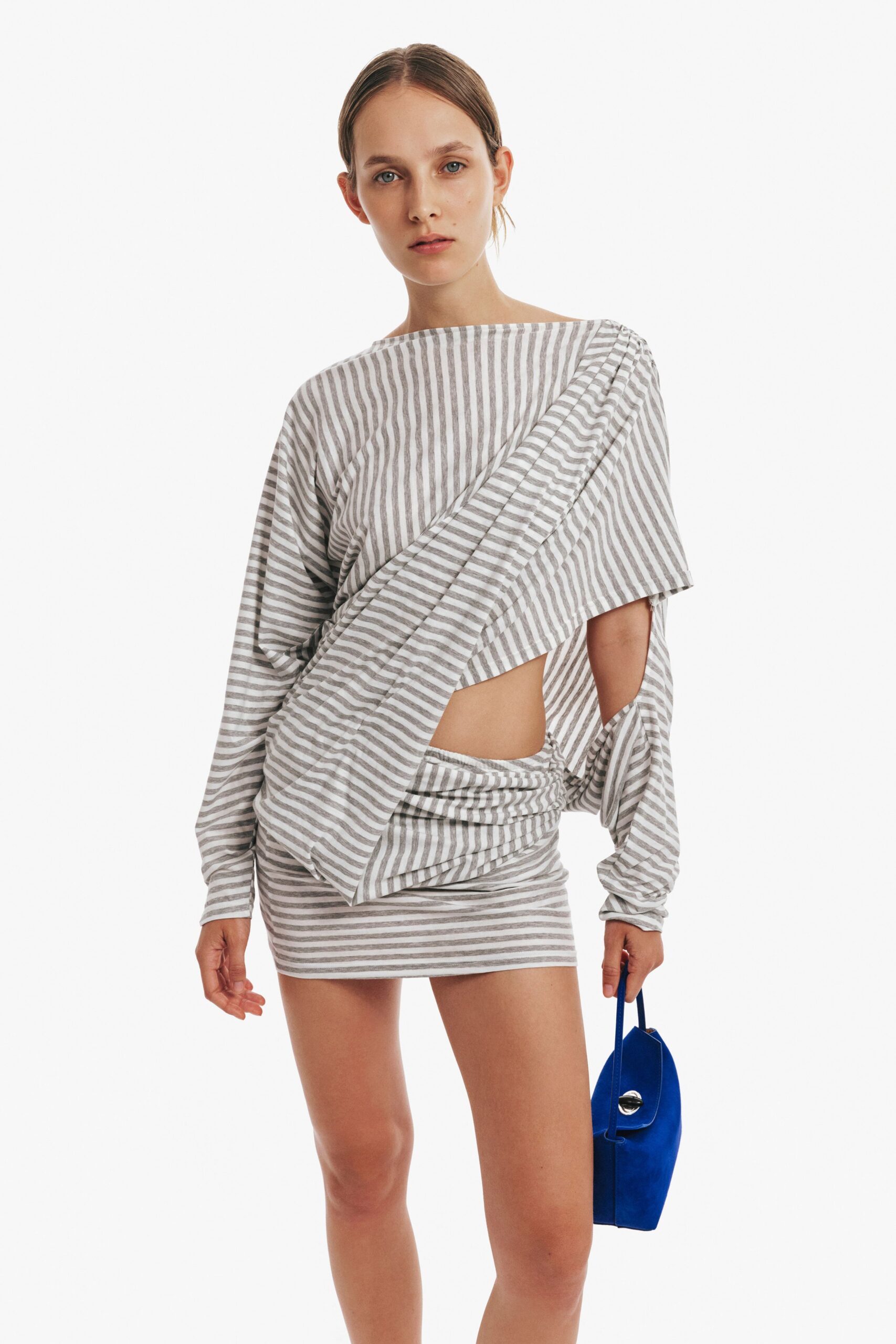 gray cotton long-sleeve asymmetric relaxed striped cropped top