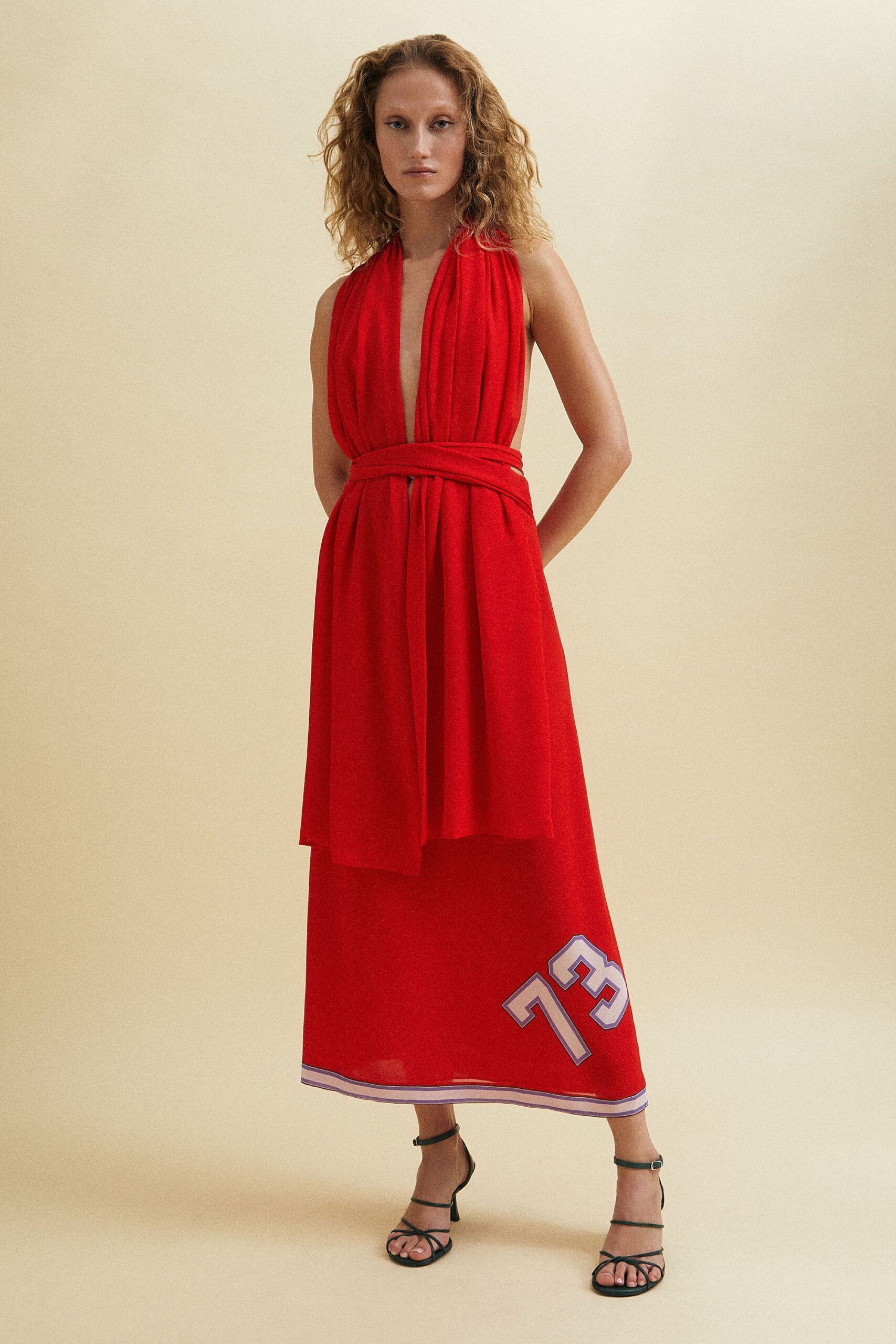 red silk sleeveless v-neck fitted draped tiered dress