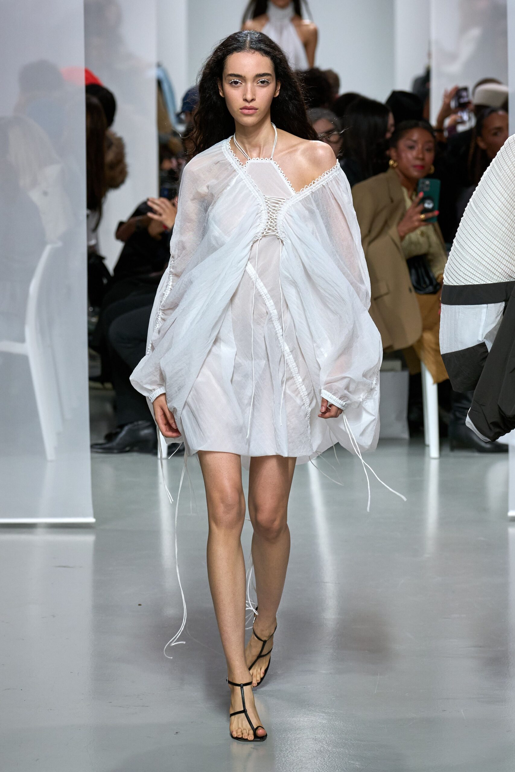 white chiffon sleeveless off-shoulder relaxed draped sheer dress