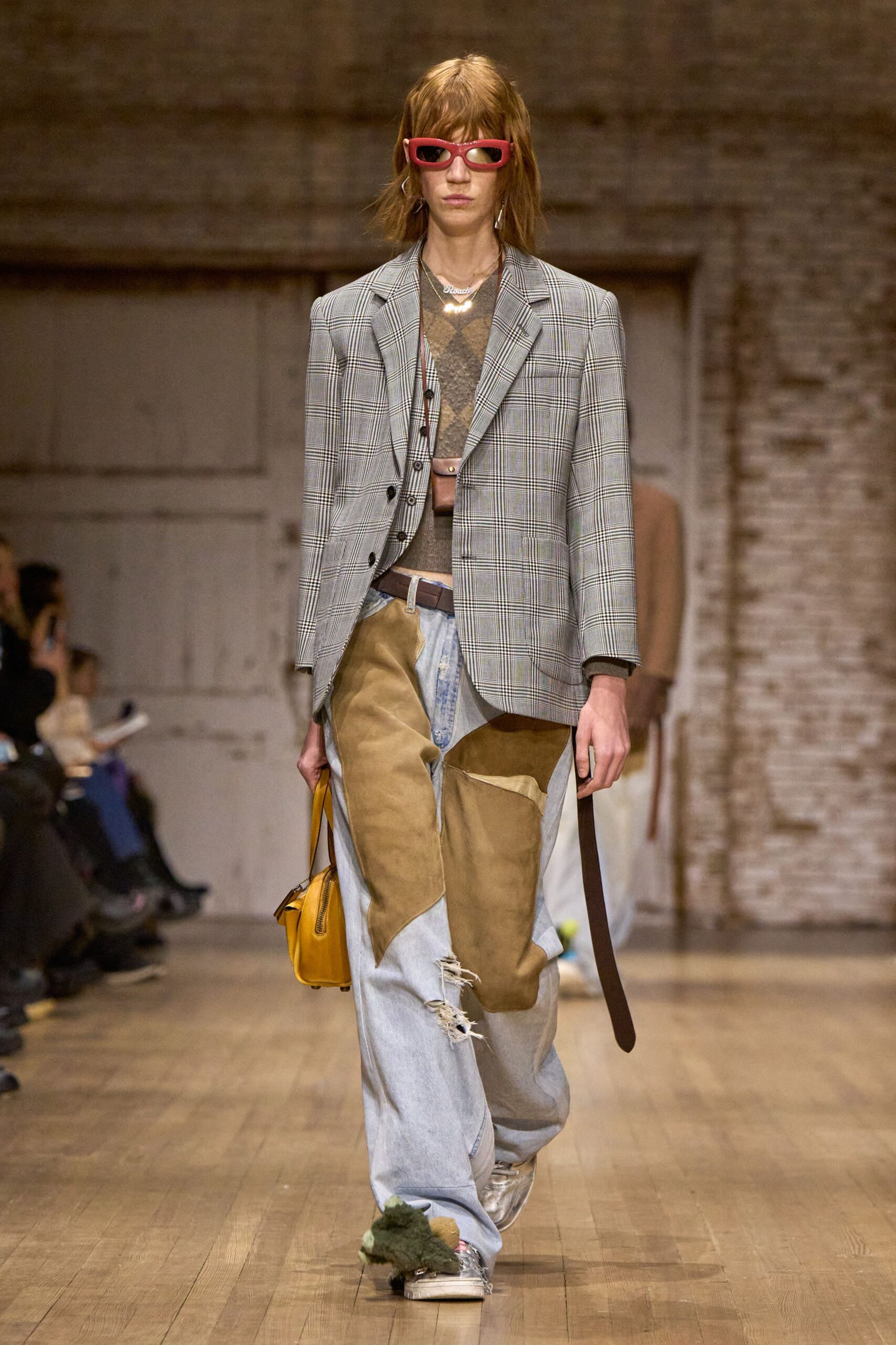 gray checked blazer with relaxed pants