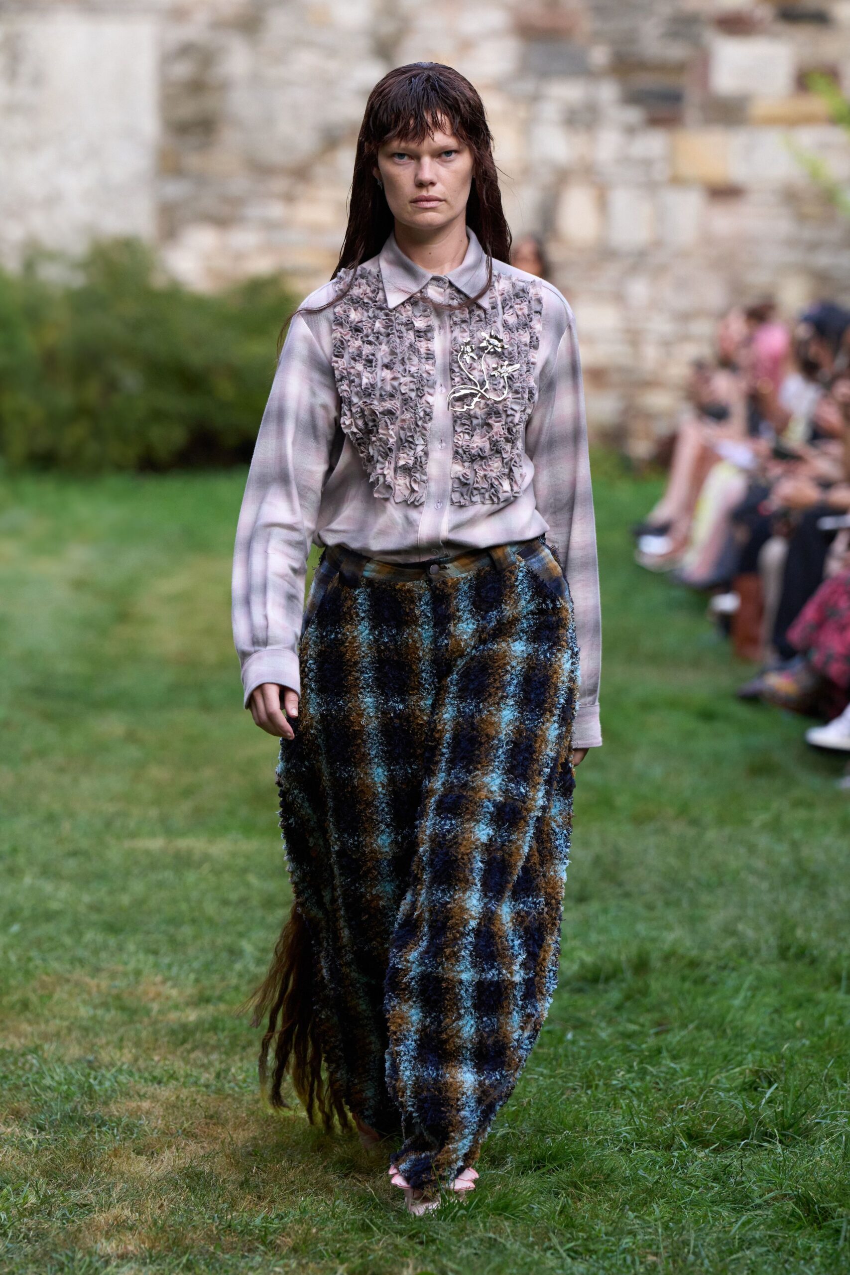 pink collared shirt with multi flared skirt