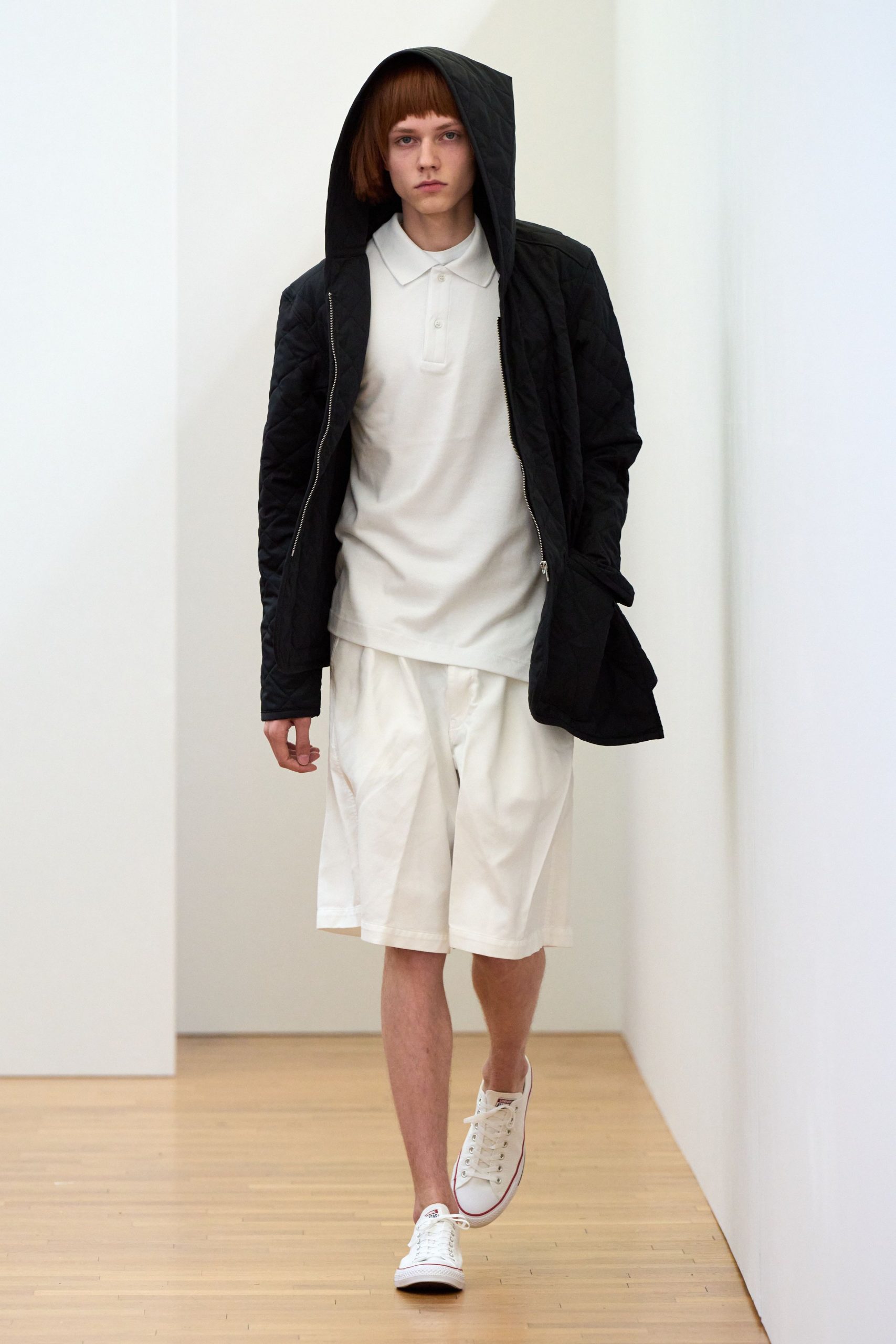 black cotton long-sleeve hooded relaxed quilted jacket