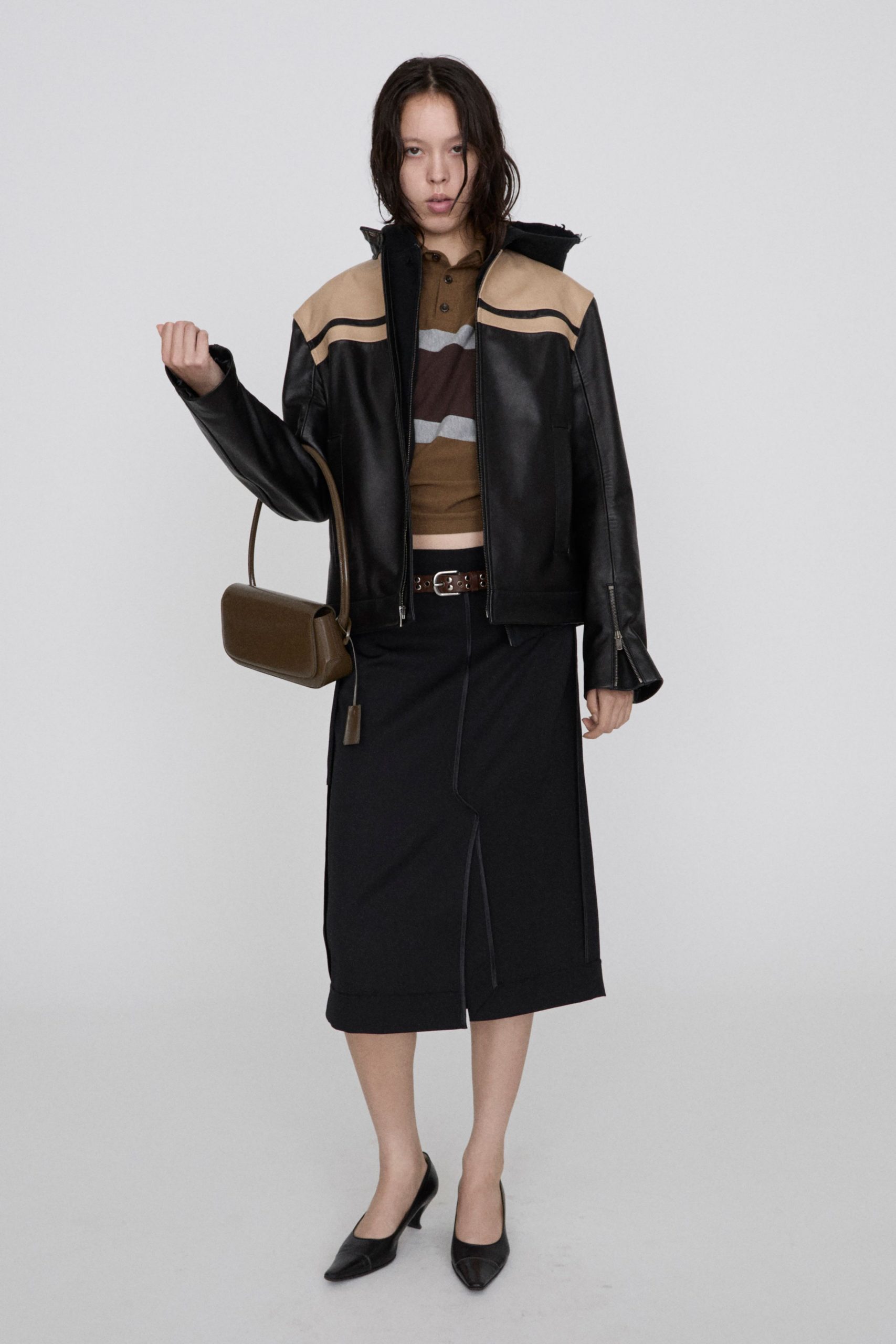 black leather jacket with skirt