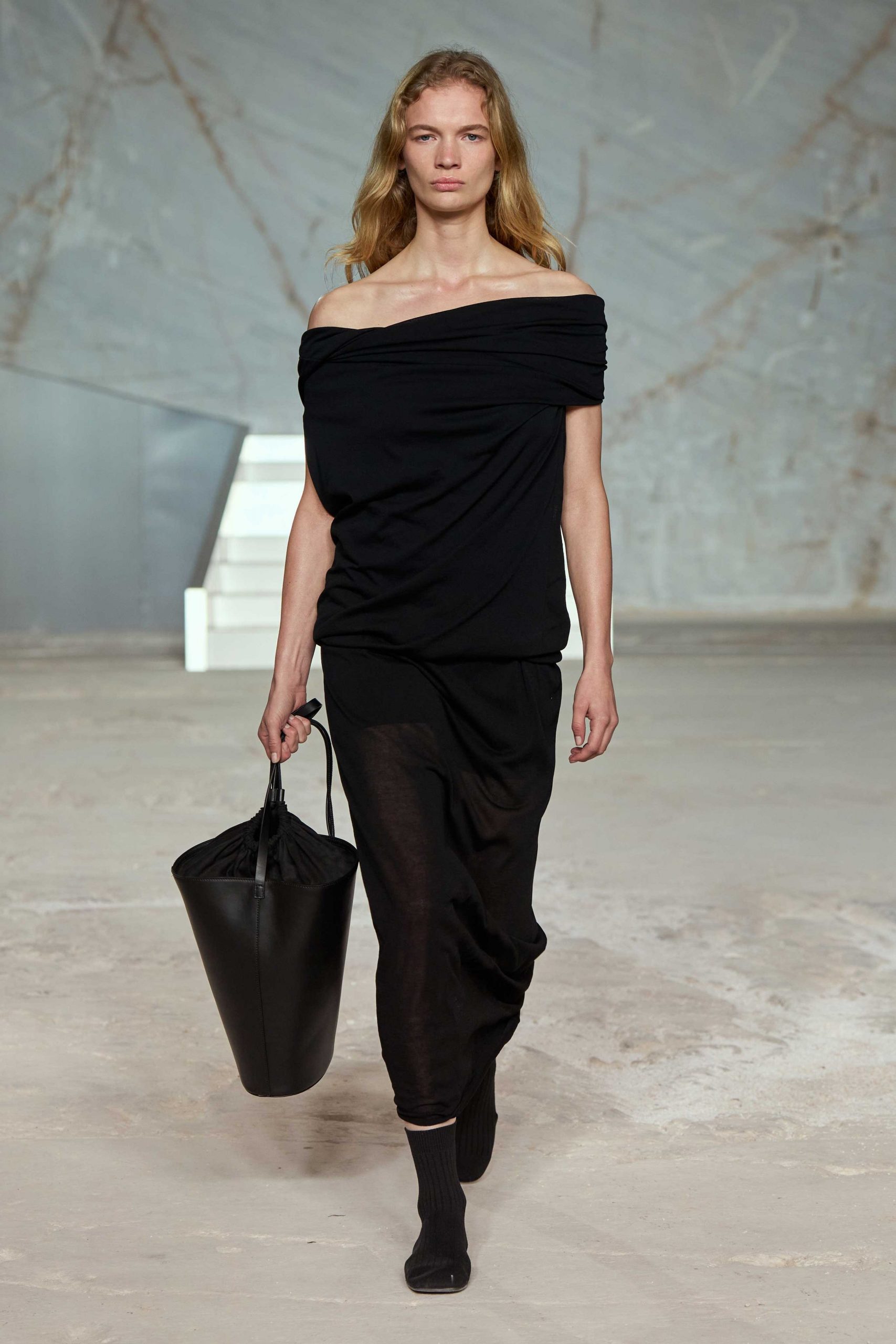 black cotton off-shoulder relaxed draped flowing top