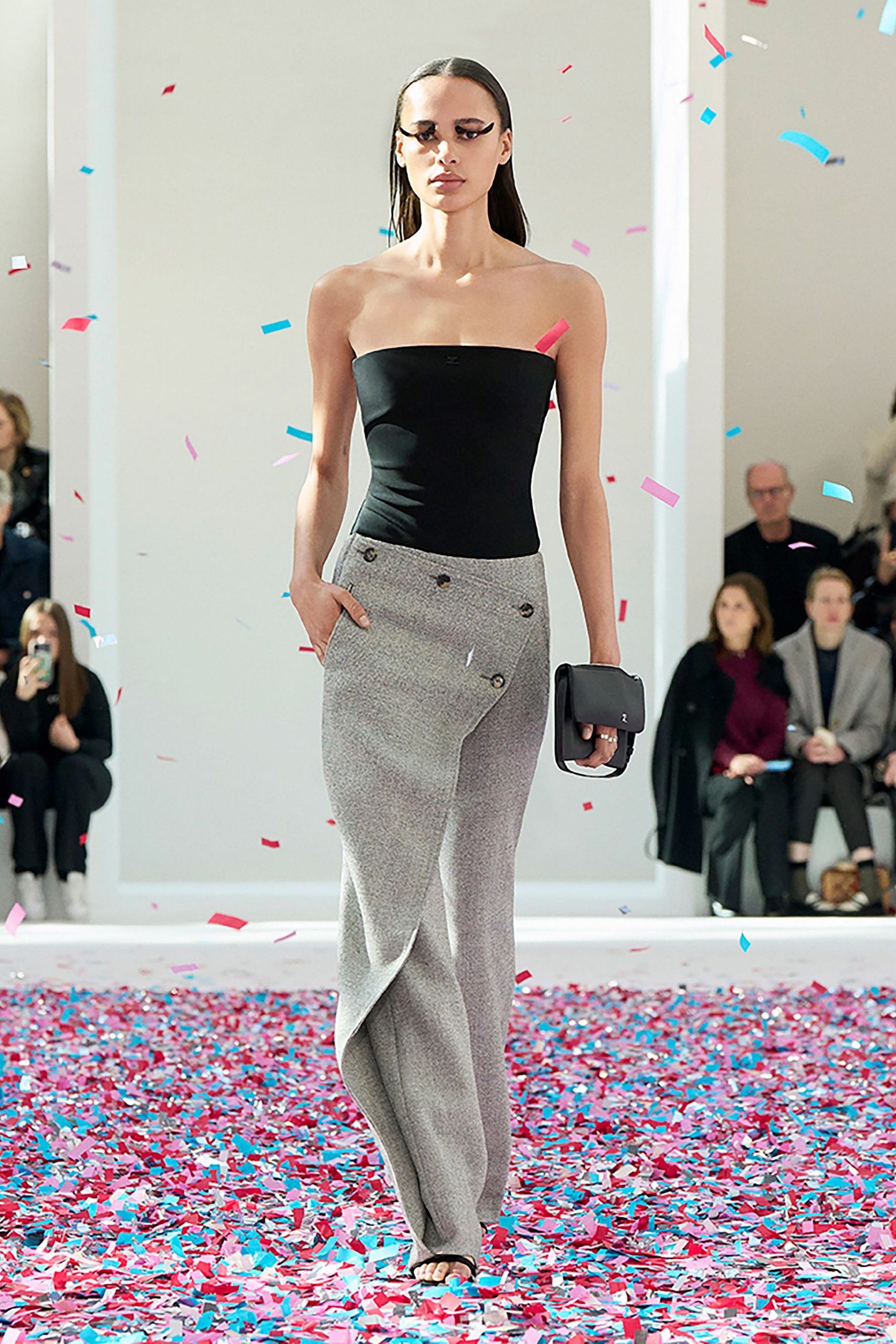 gray wool tailored high-waisted buttoned flared pants
