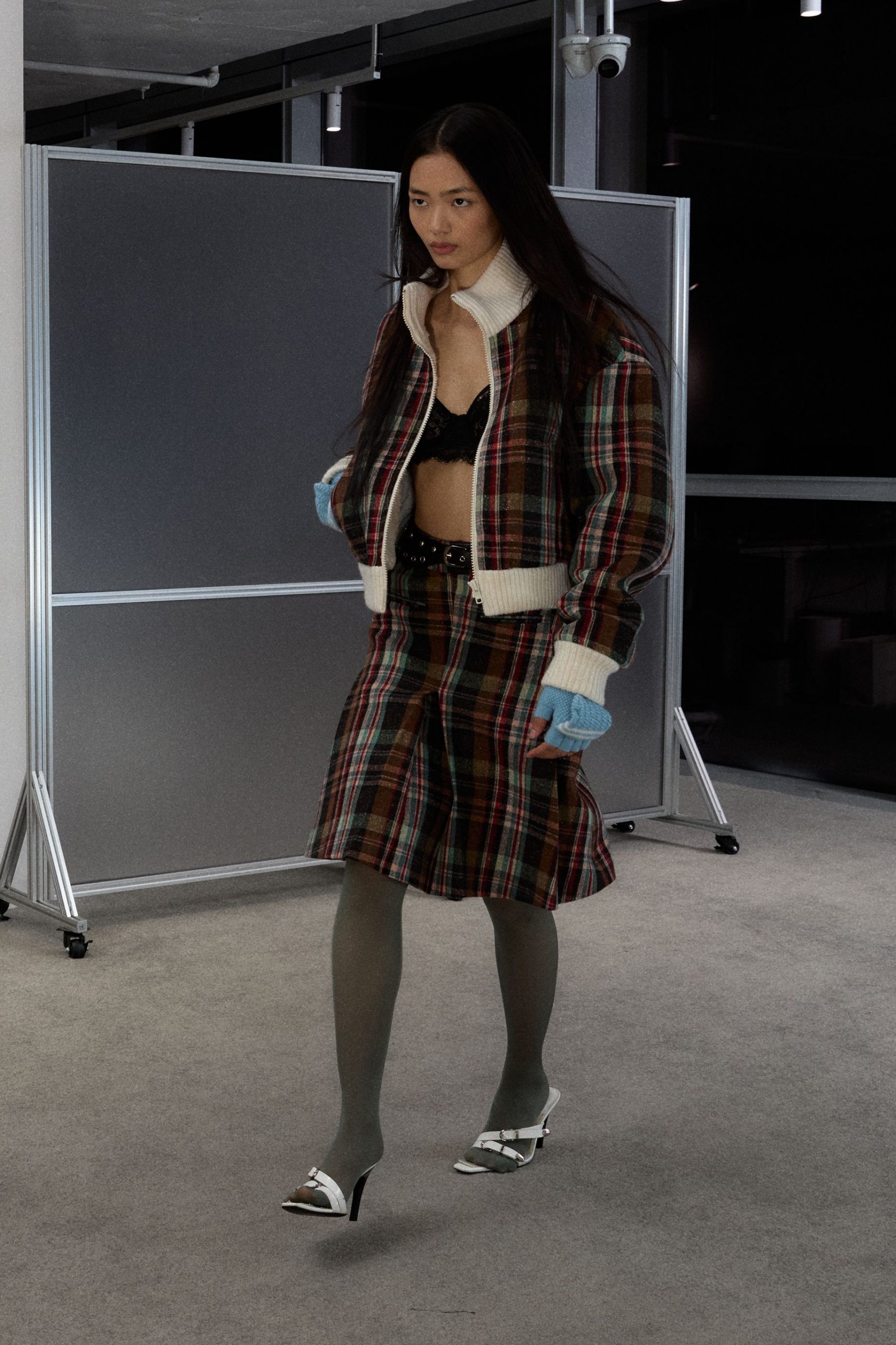 multi-colored plaid jacket and skirt