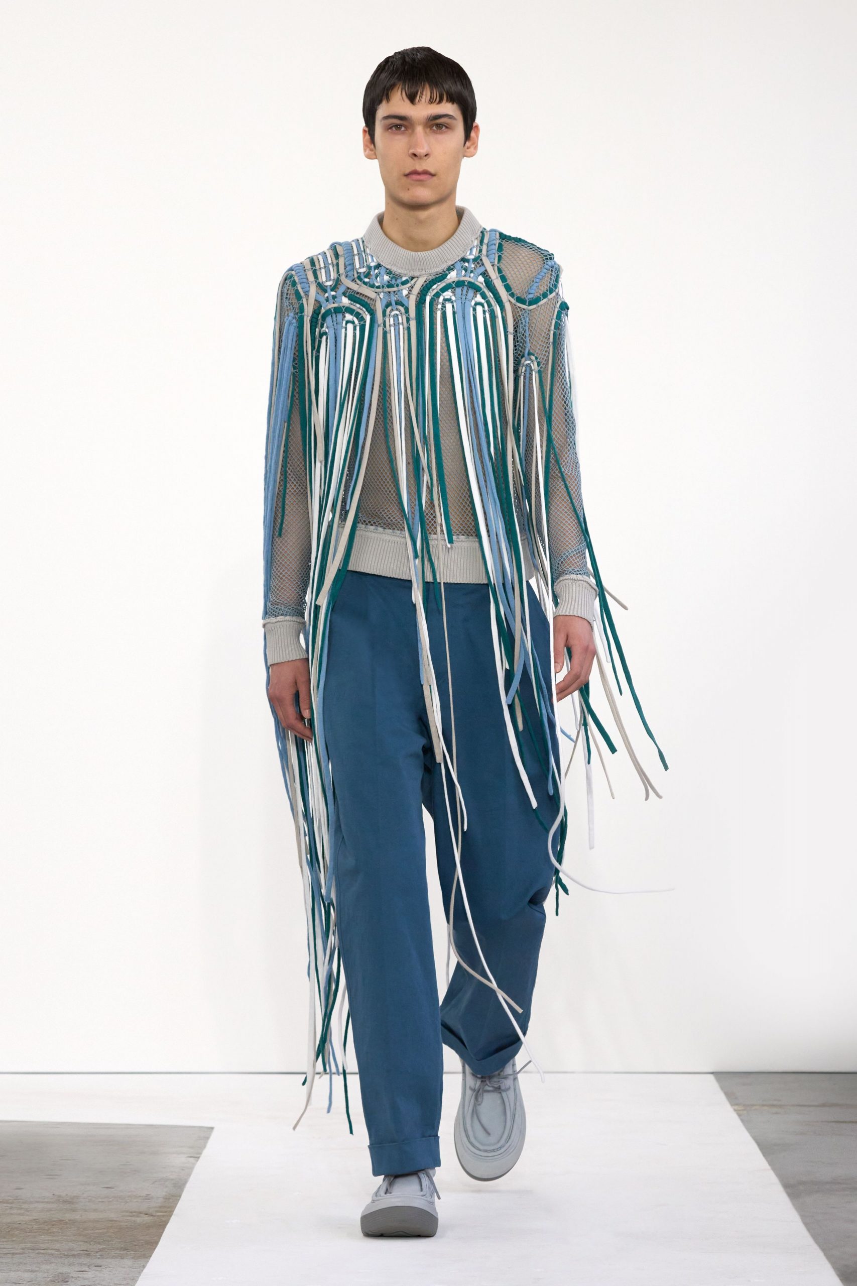 blue mesh long-sleeve relaxed fringed top