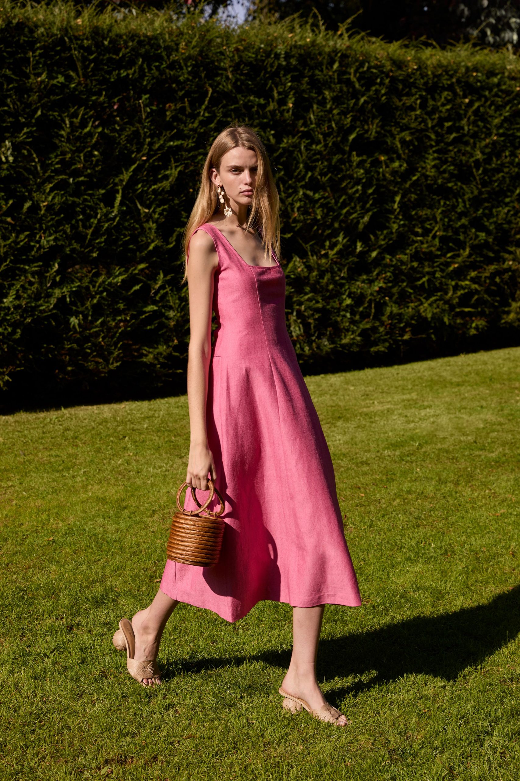 pink linen midi dress