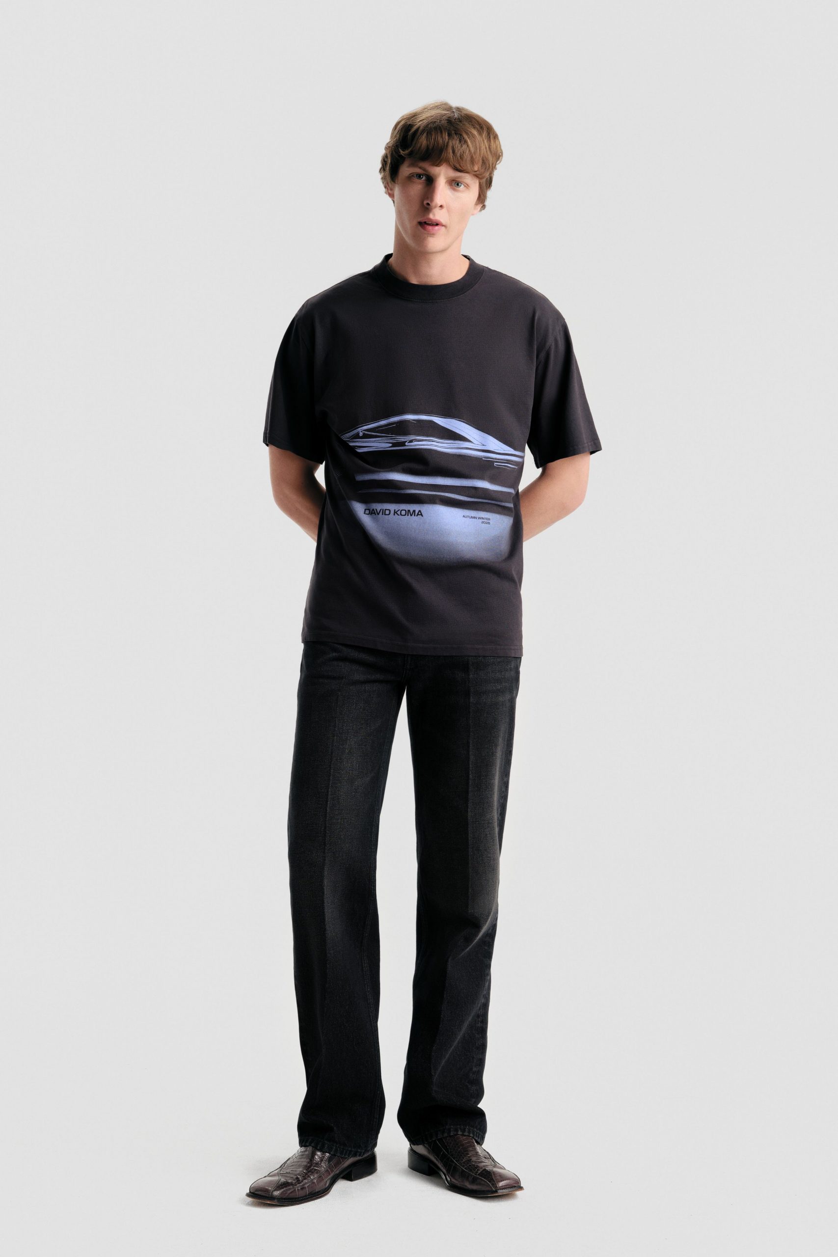 black t-shirt with printed design