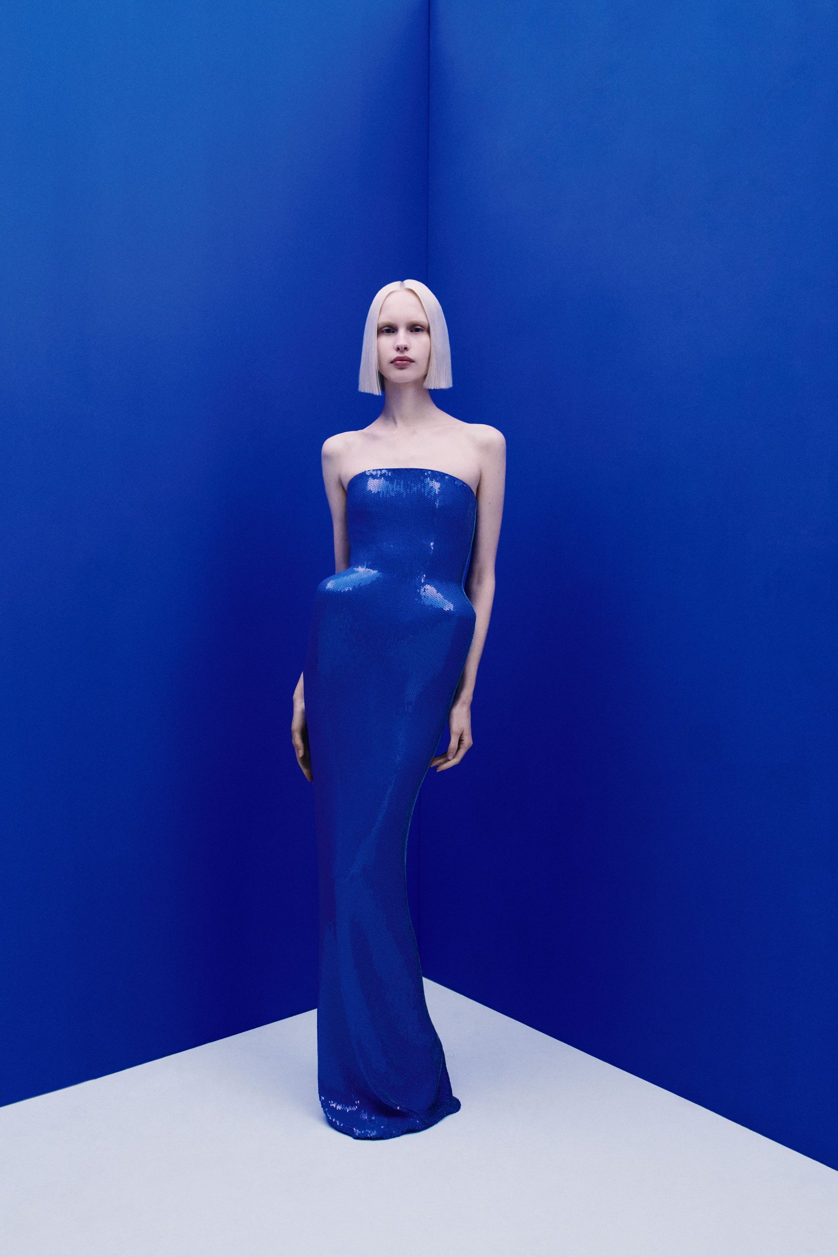 blue sequin strapless gown