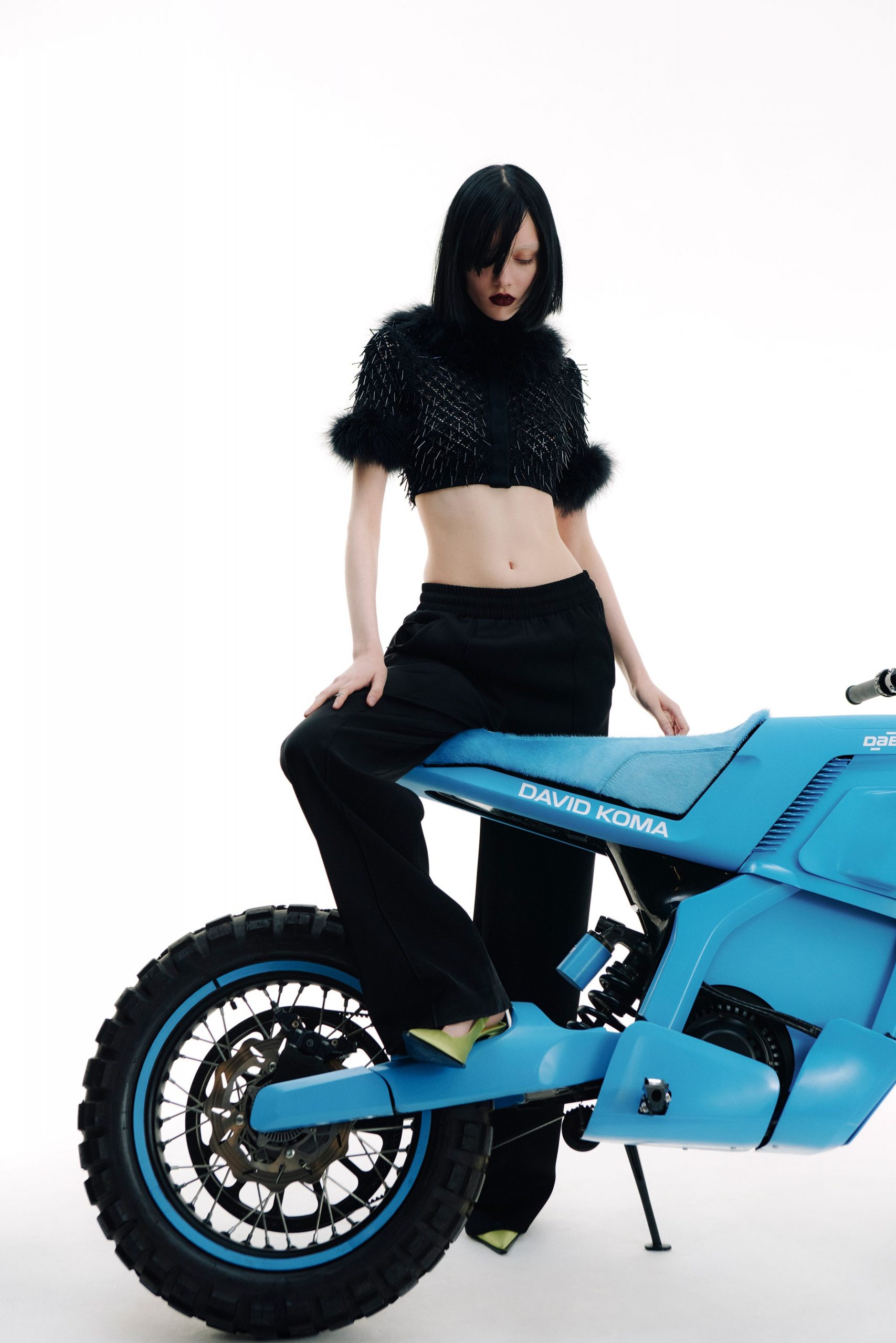 black fur sleeveless fitted ruffled top