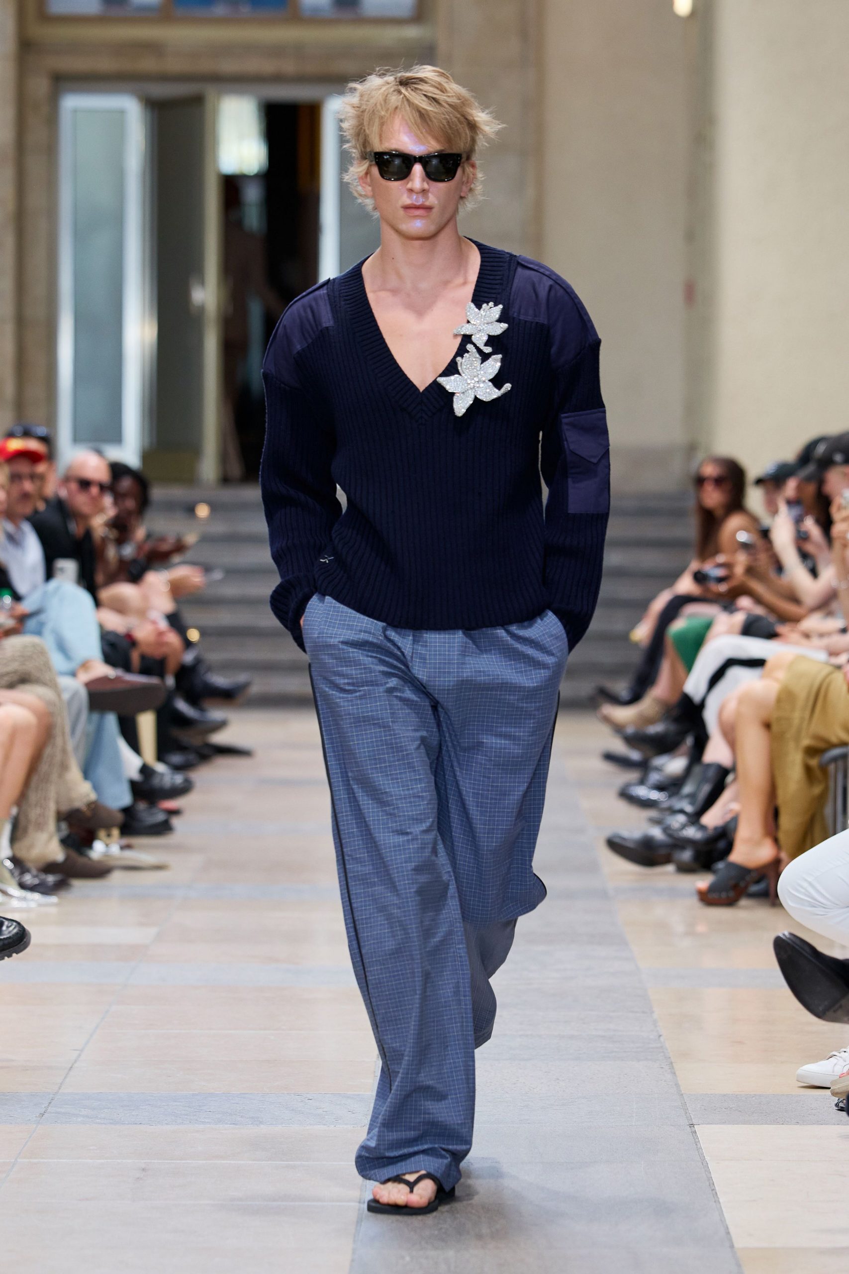 navy relaxed sweater gray pants