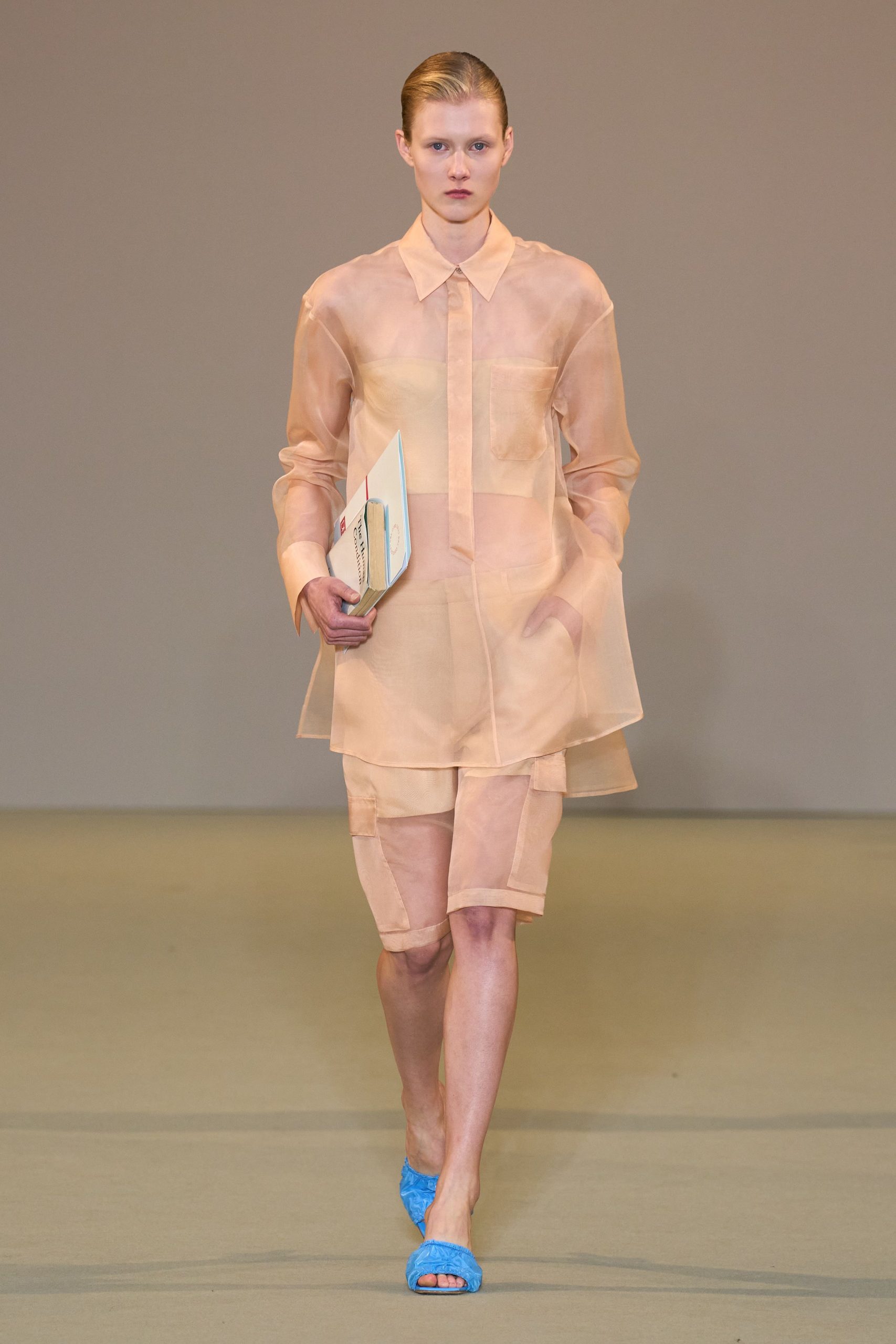 coral chiffon long-sleeve collared relaxed layered sheer shirt-dress