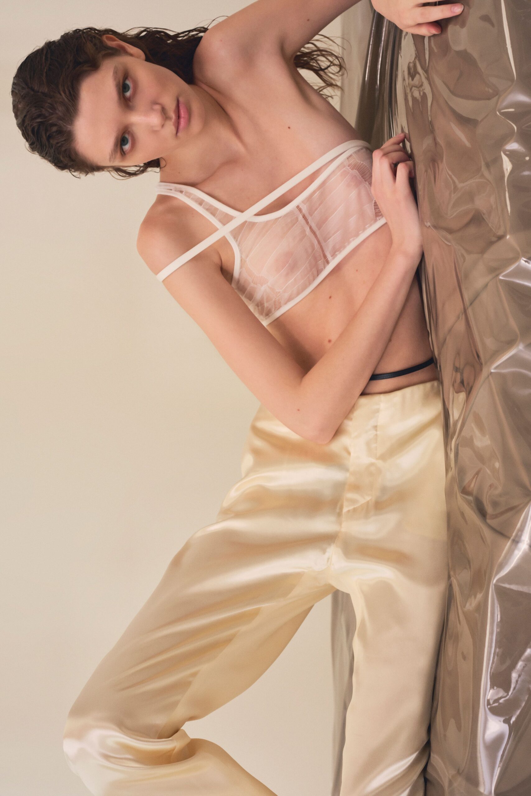 clear silk sleeveless low-cut fitted ruched sheer bustier