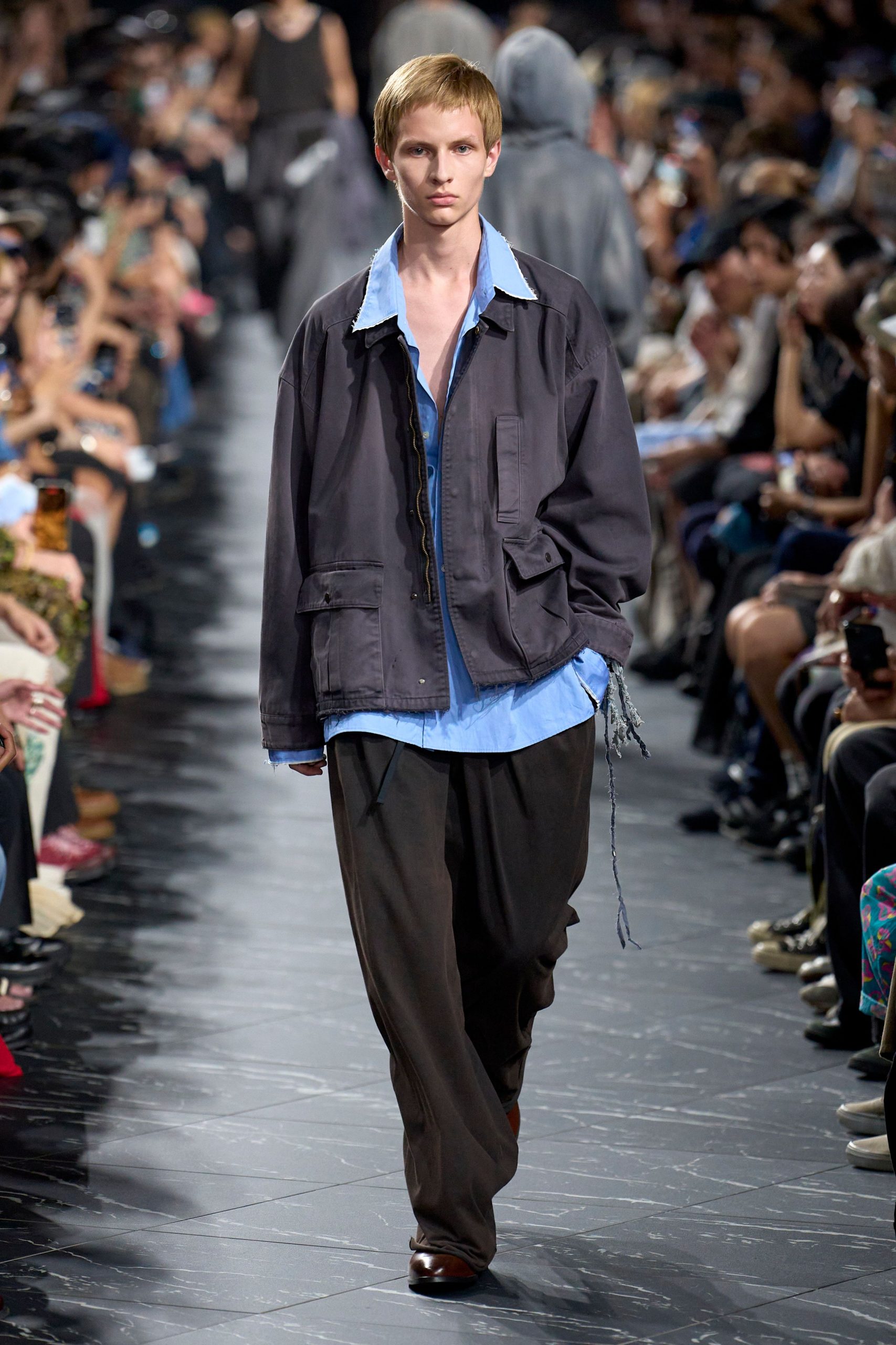 black relaxed jacket blue shirt