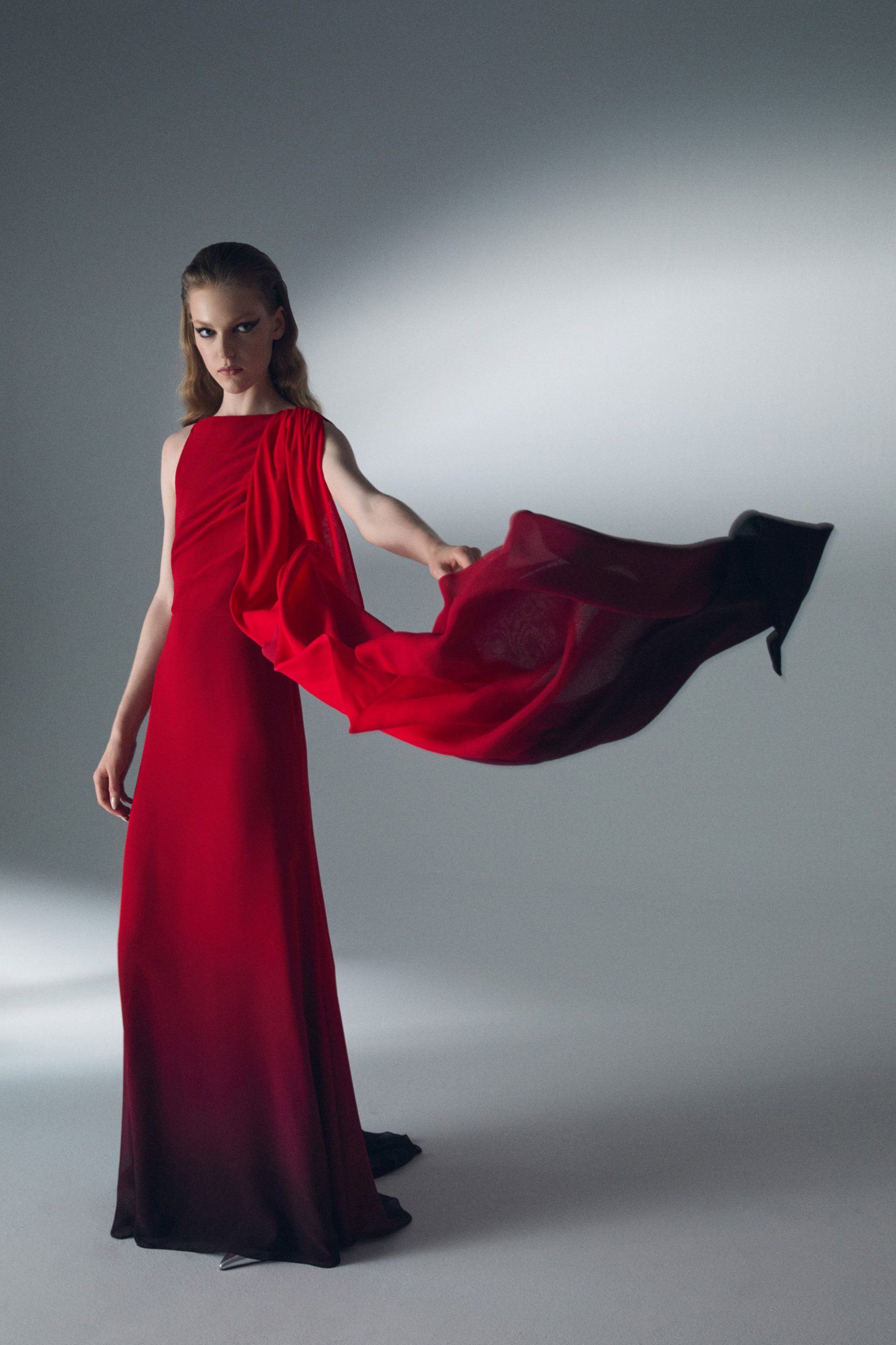 red silk flowing gown