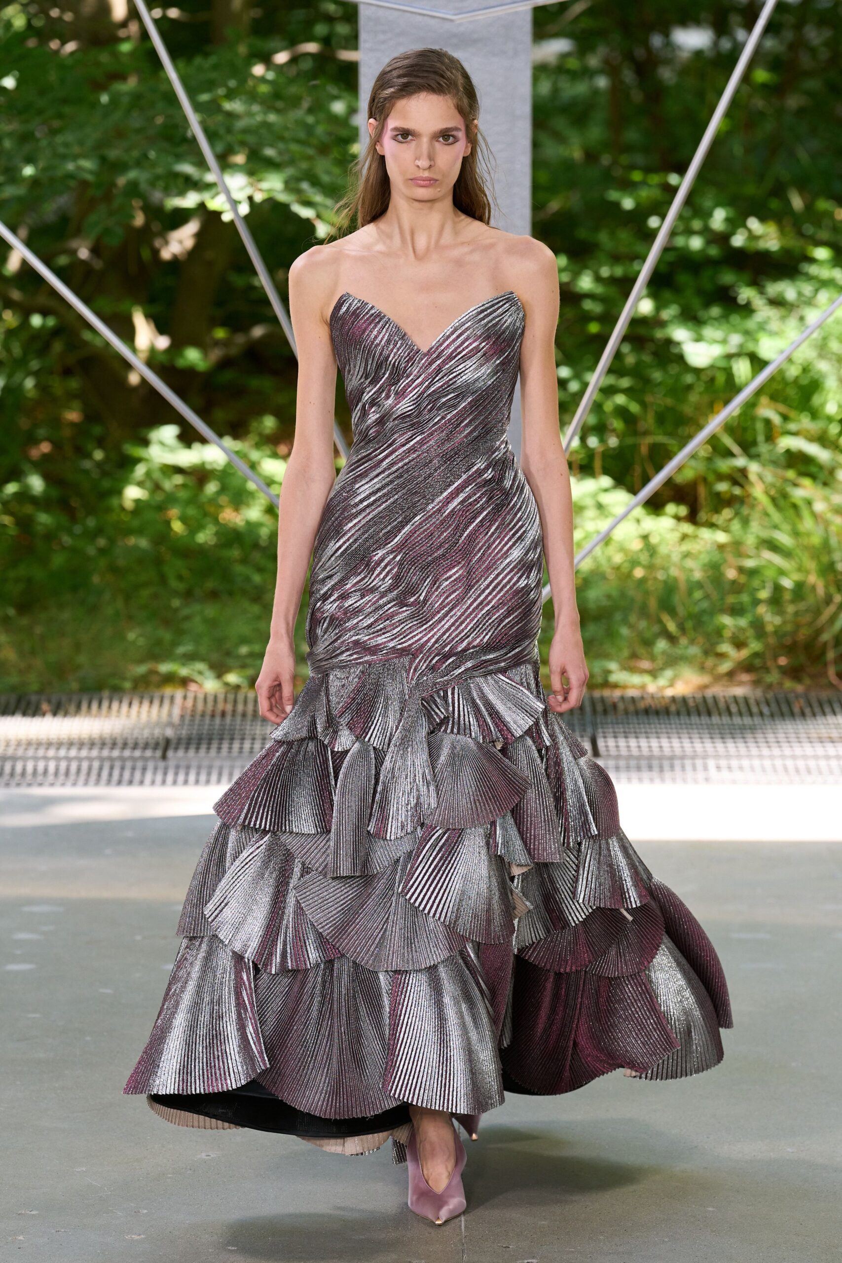 purple silk strapless fitted ruffled layered shiny gown