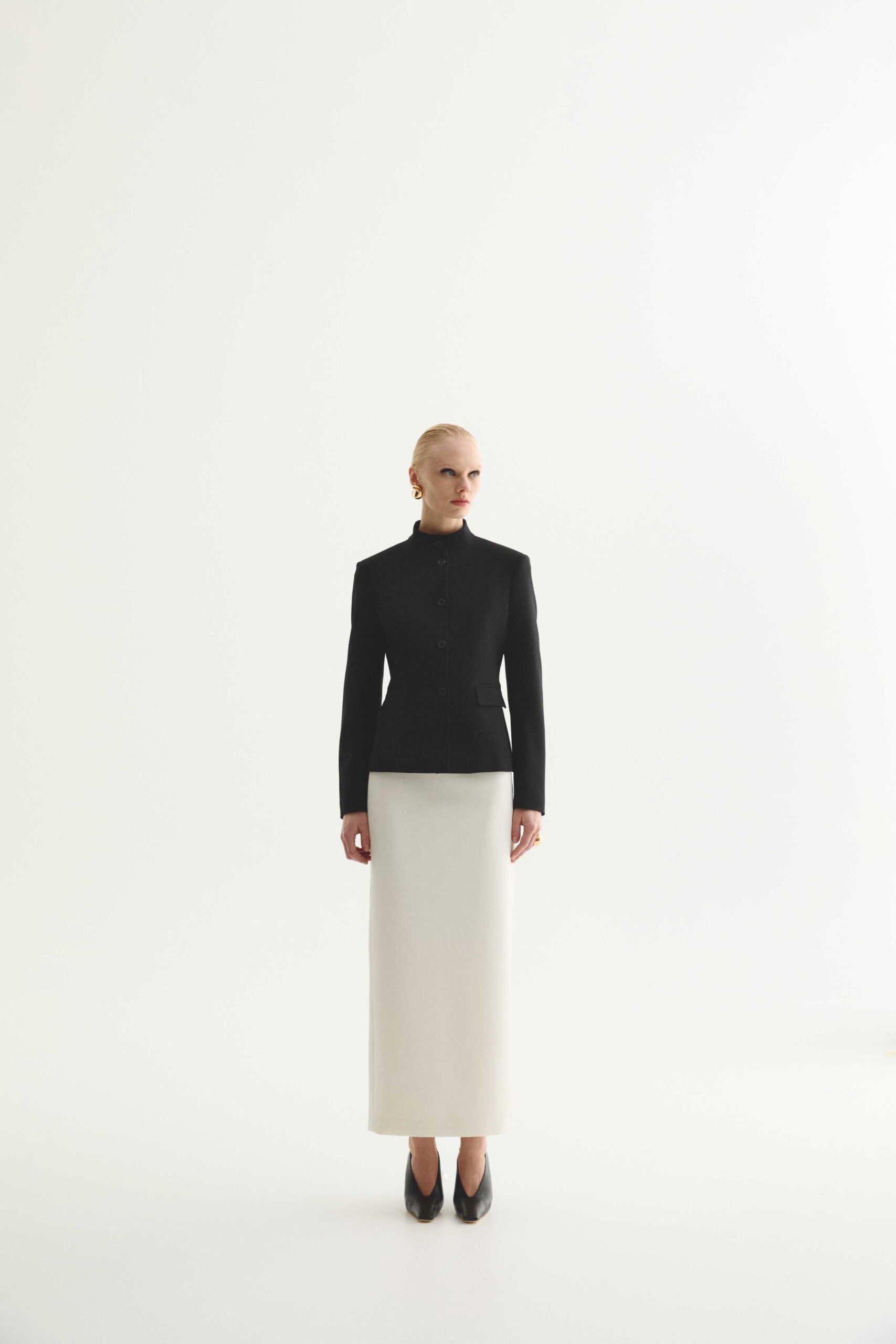 black blazer white maxi skirt
