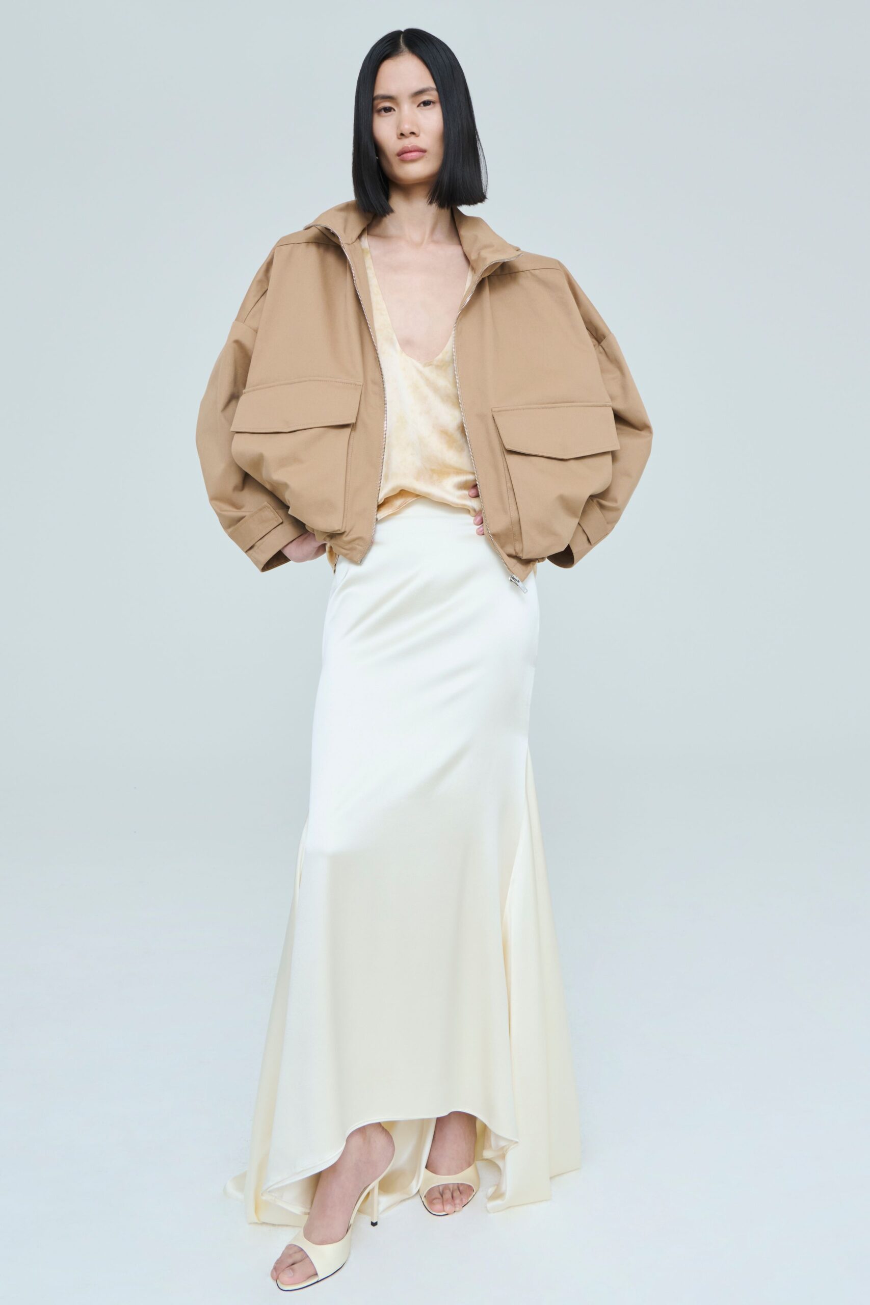white satin slit fitted flared flowing maxi skirt