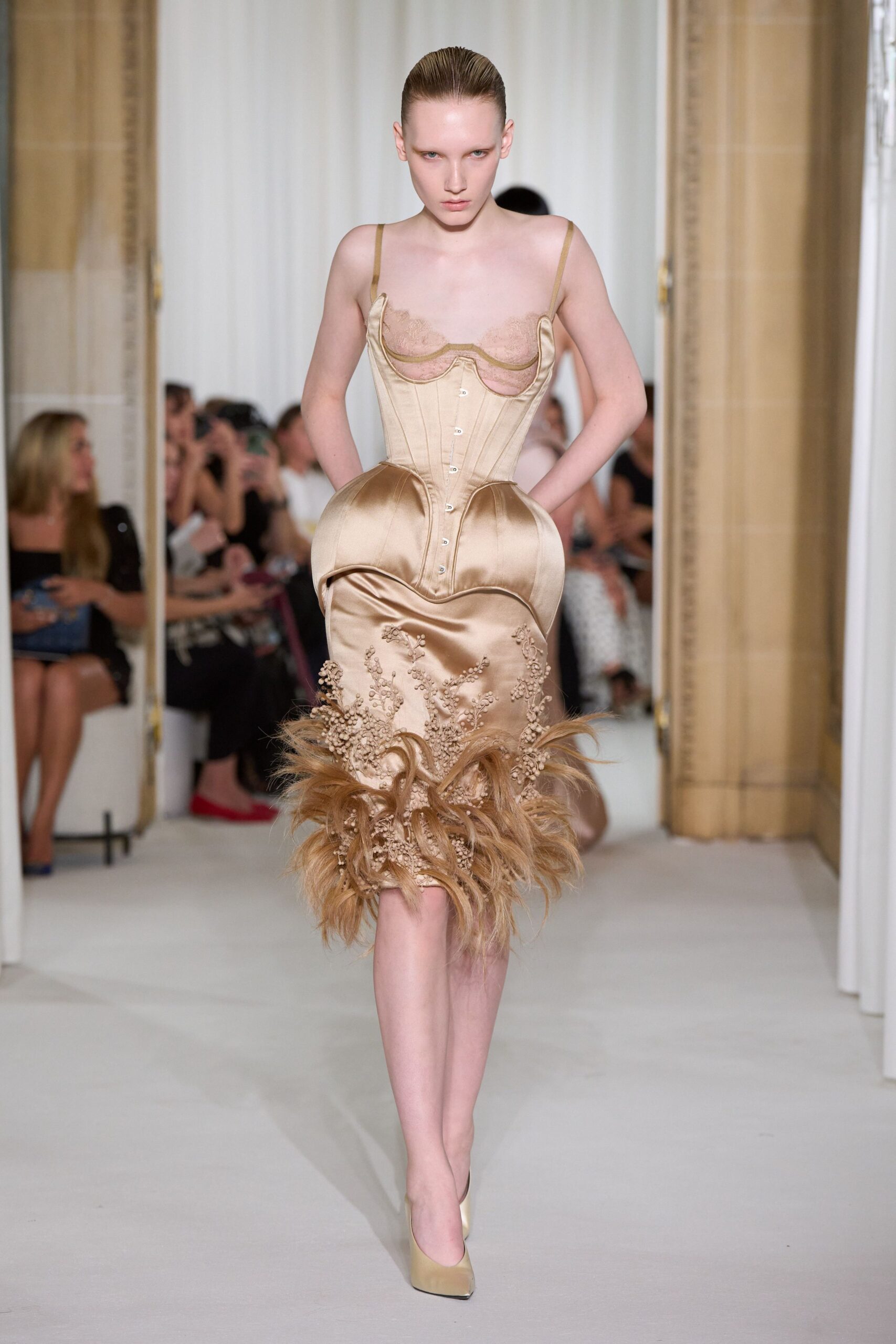 beige silk fitted dress