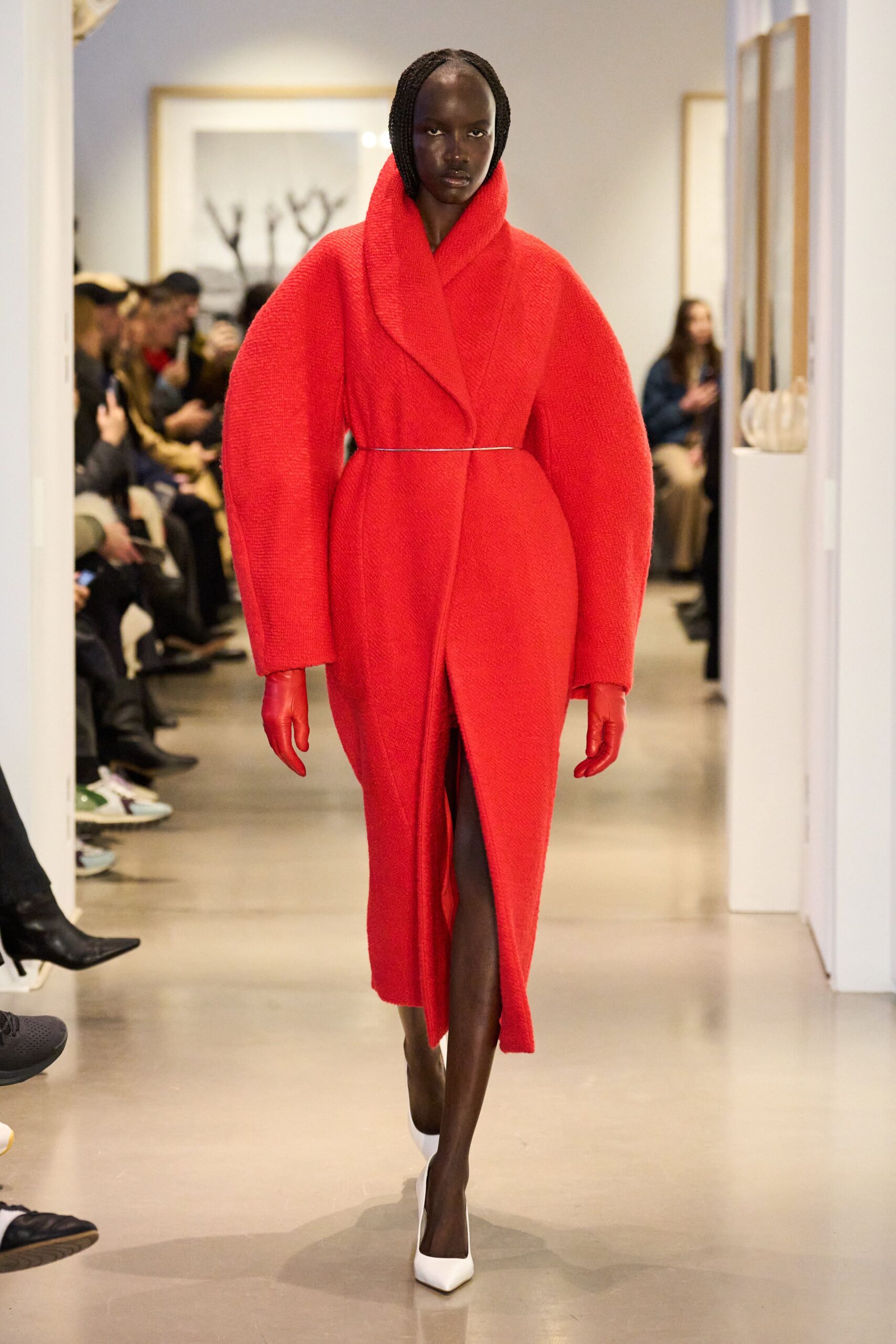 red wool long-sleeve collared oversized belted maxi coat