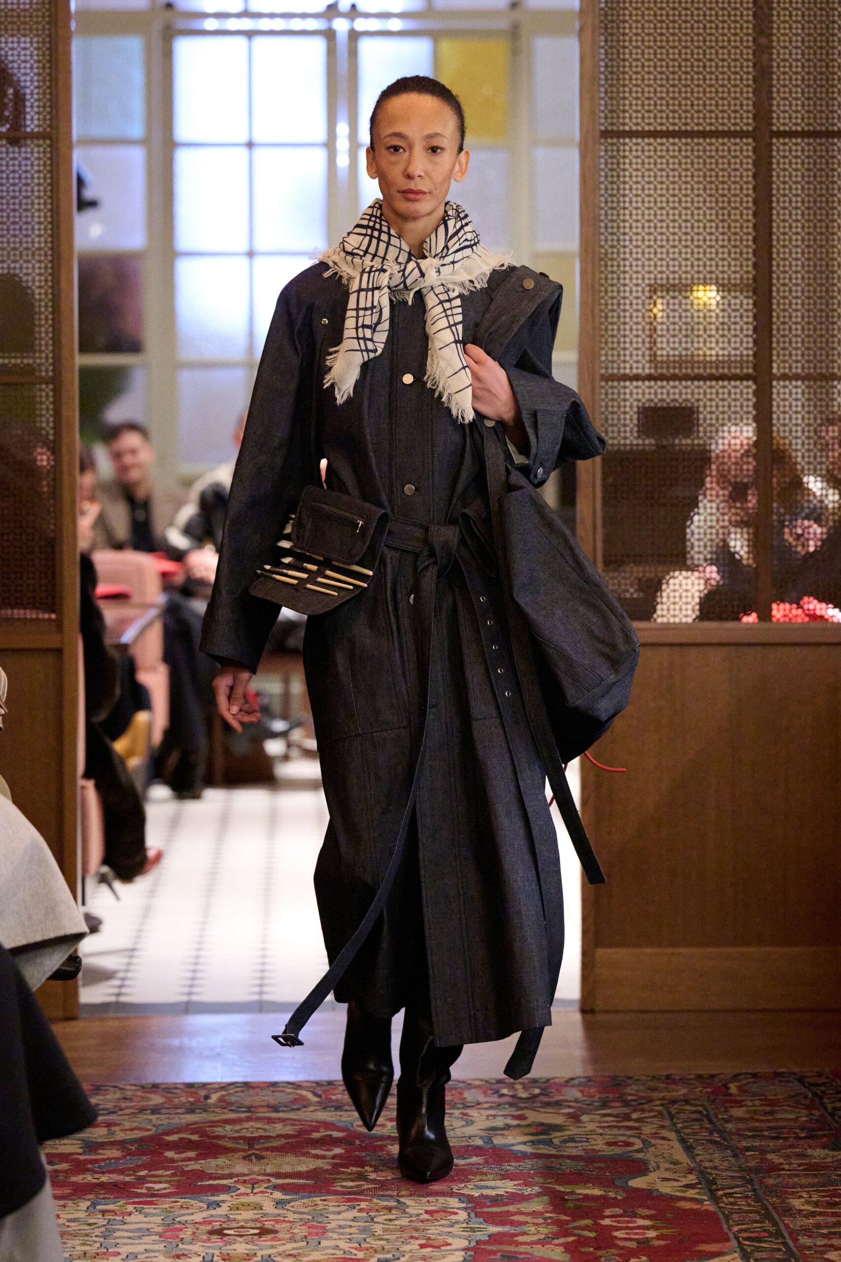 blue denim long-sleeve collared relaxed belted midi coat