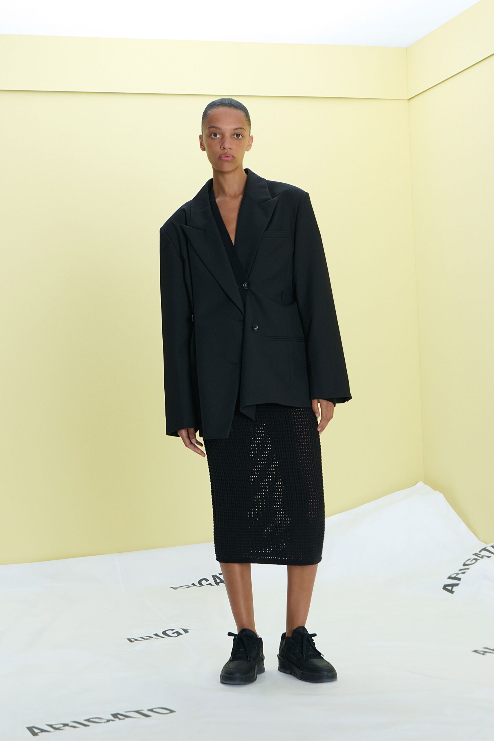 oversized black blazer with midi skirt