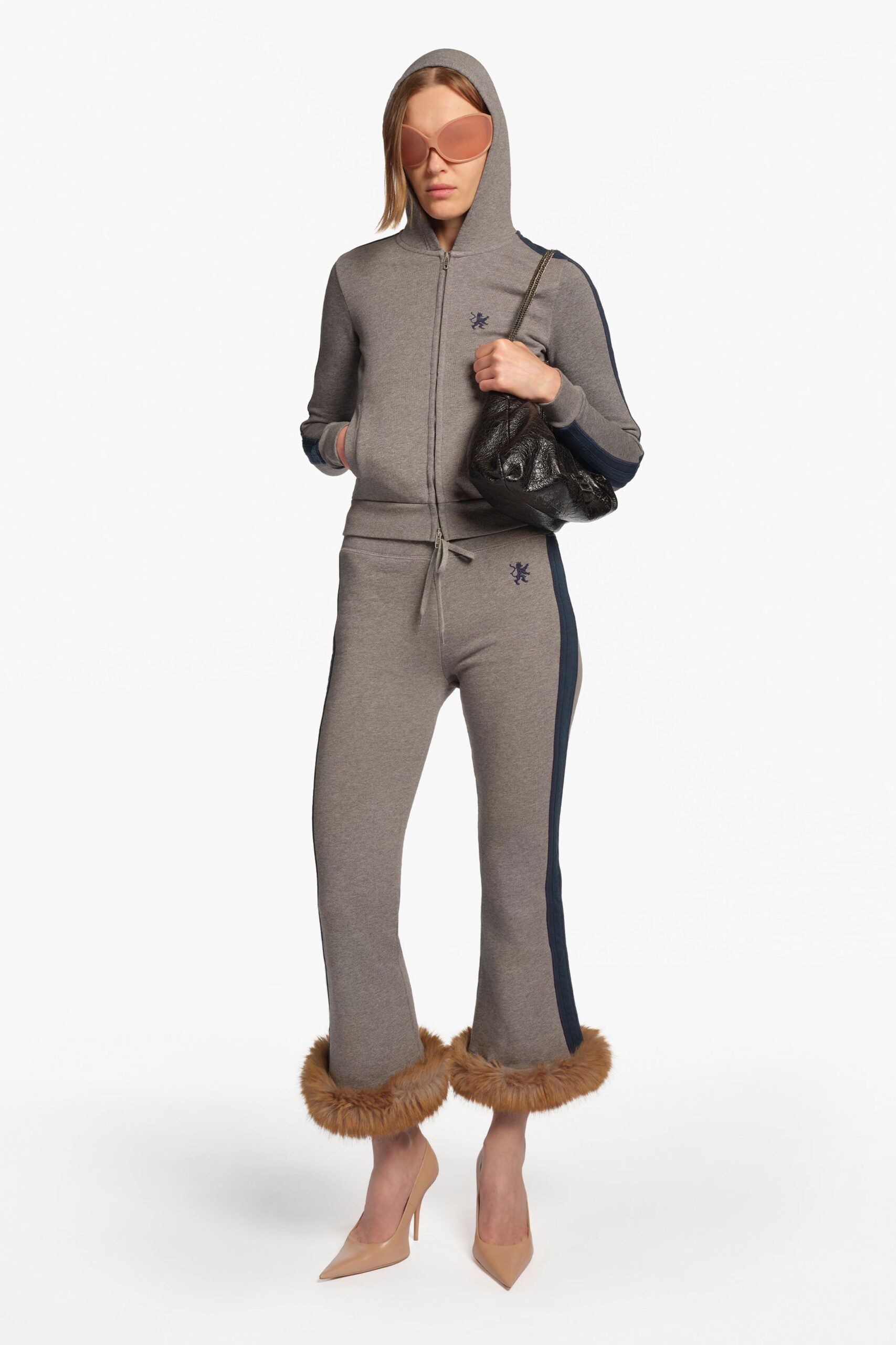 gray cotton fitted color-blocked flared pants