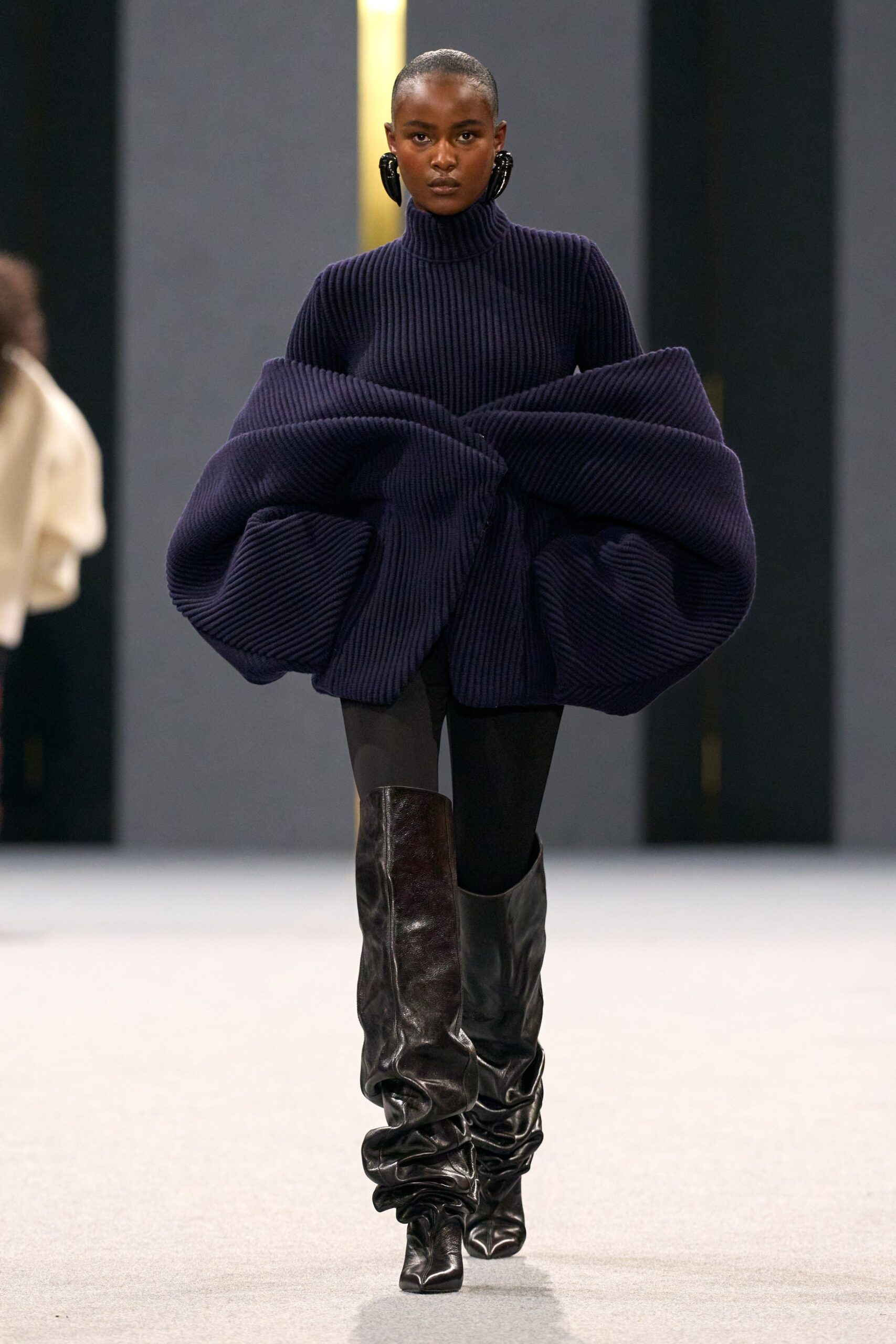 blue knit long-sleeve turtleneck oversized draped sweater