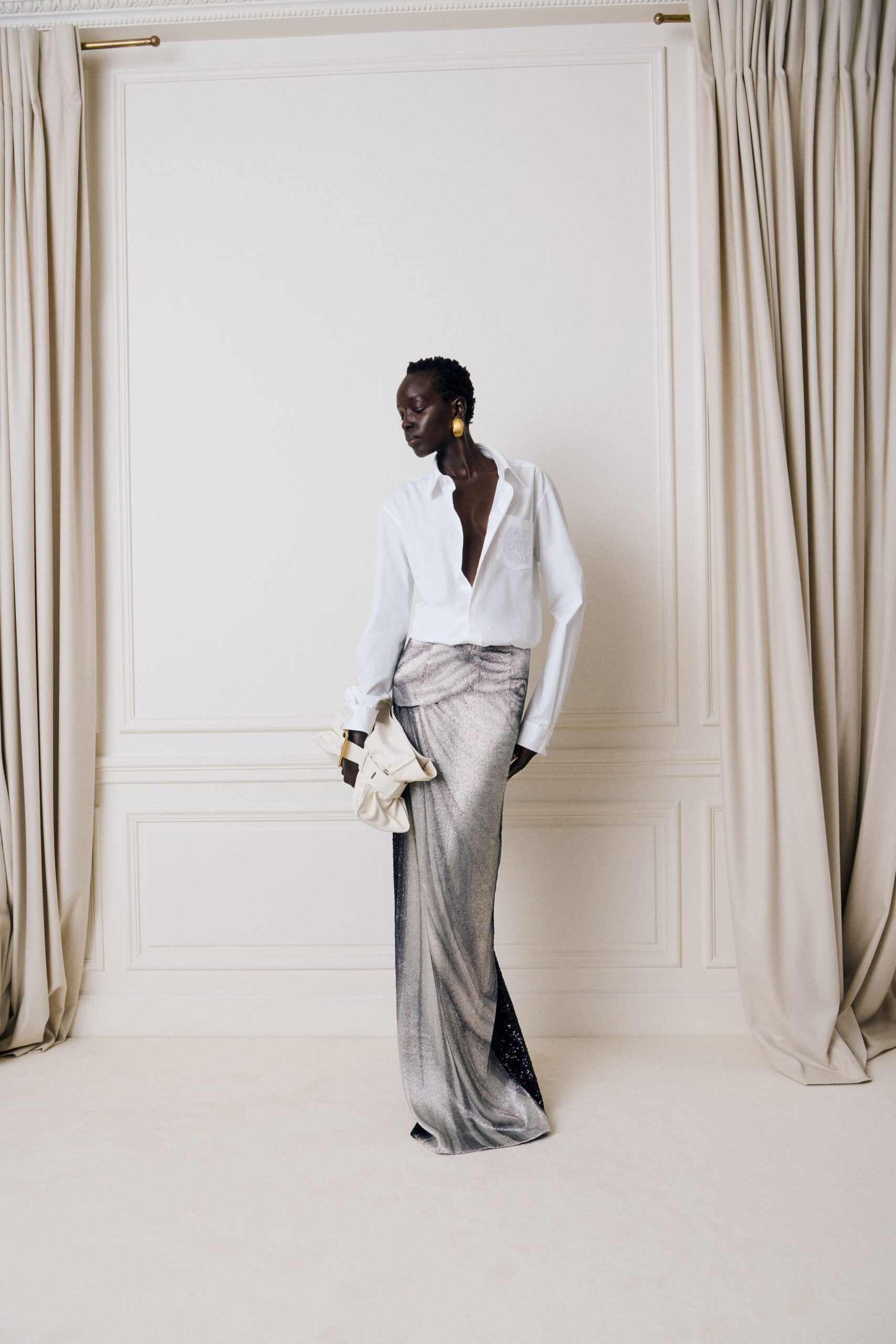 gray silk fitted high-waisted pleated shiny maxi skirt