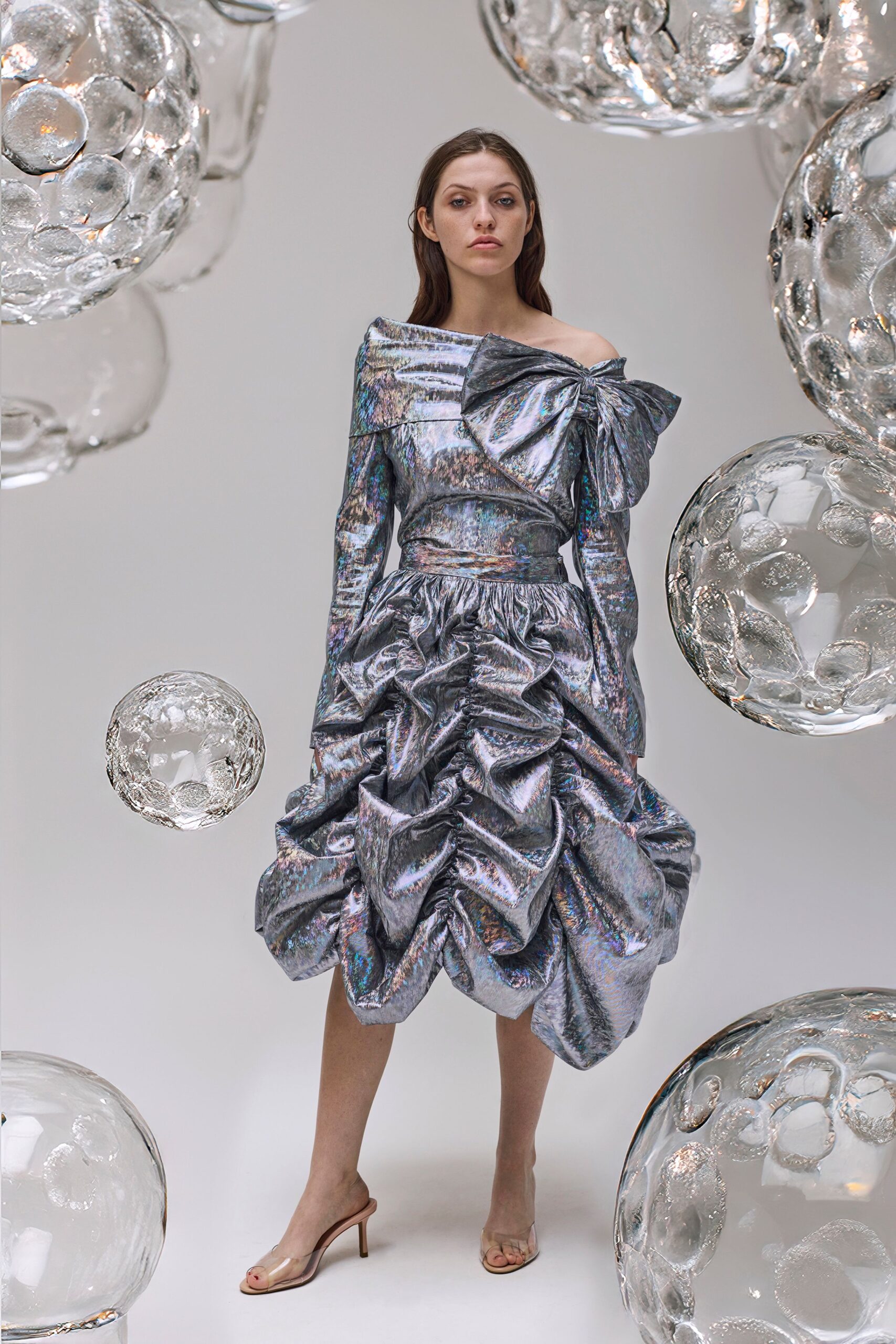gray metallic long-sleeve off-shoulder fitted ruffled draped dress