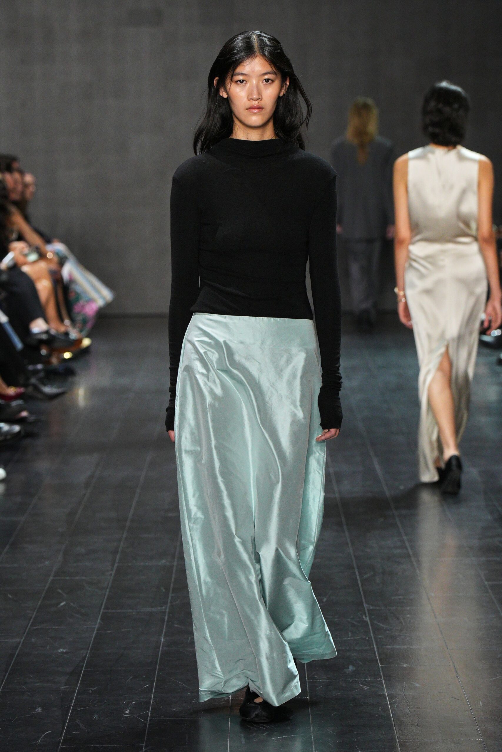black top with blue skirt