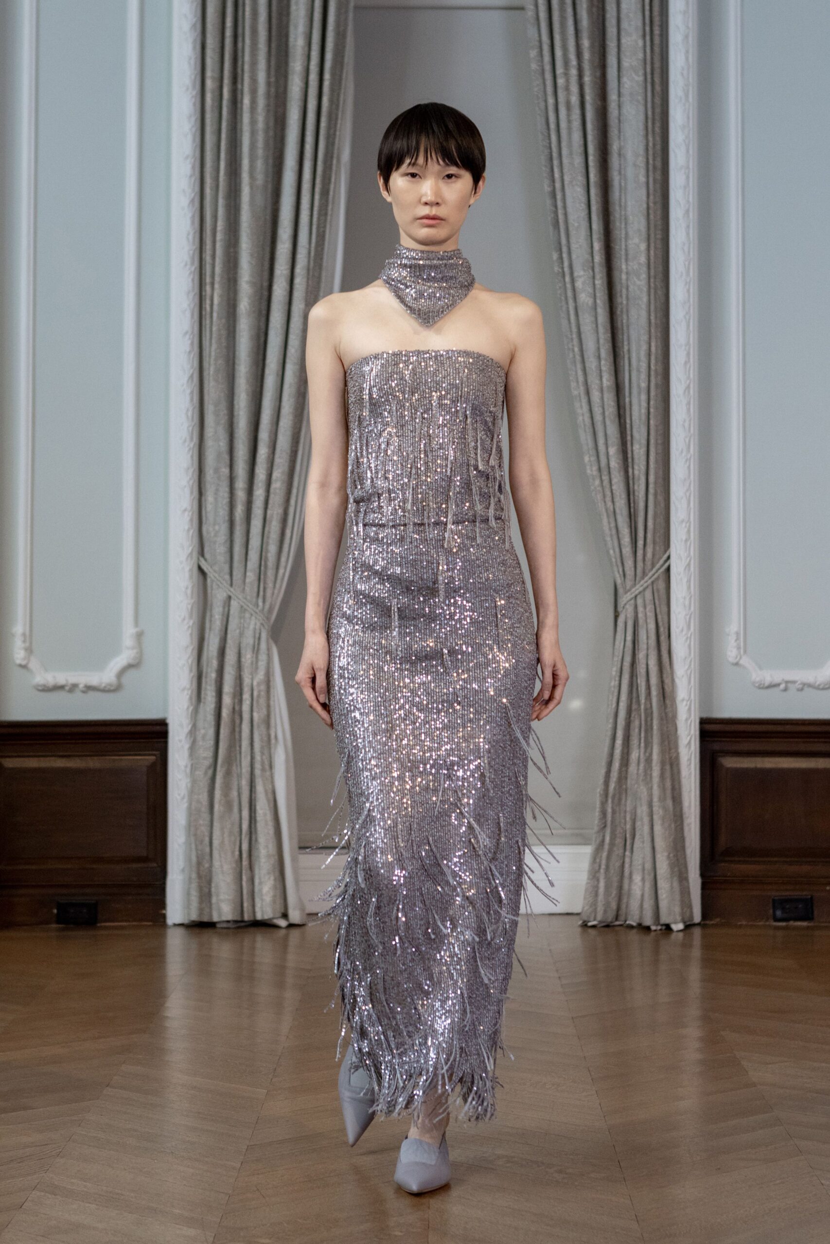 gray sequin strapless fitted fringed shiny midi gown