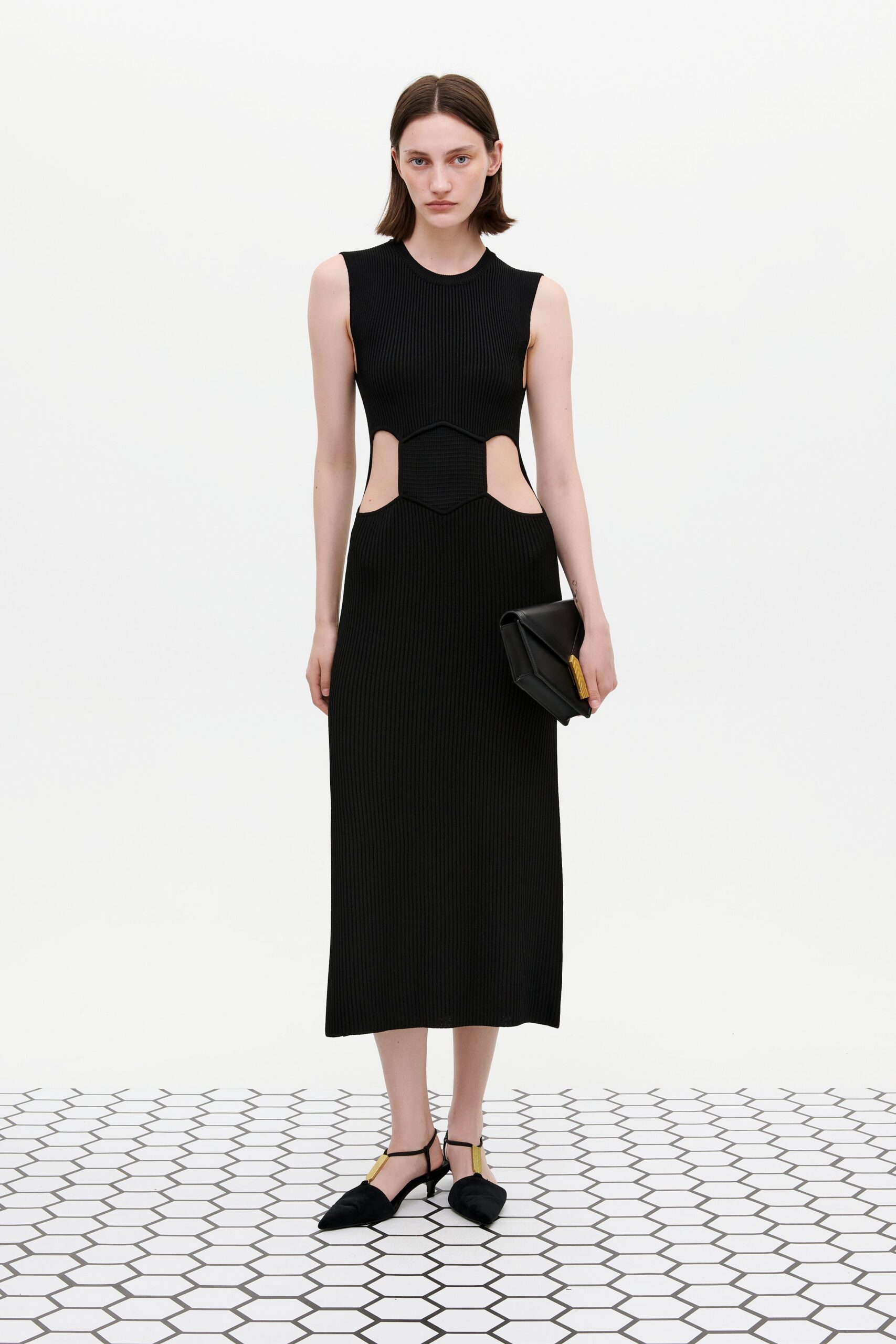black fitted midi dress with cutouts