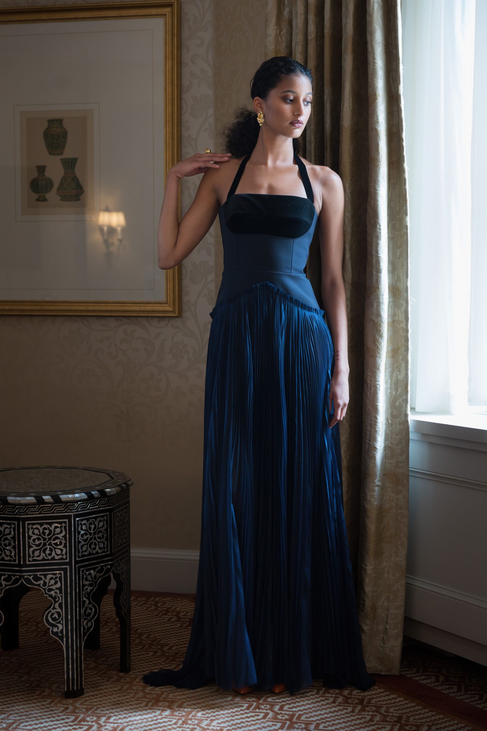 blue and black halter gown